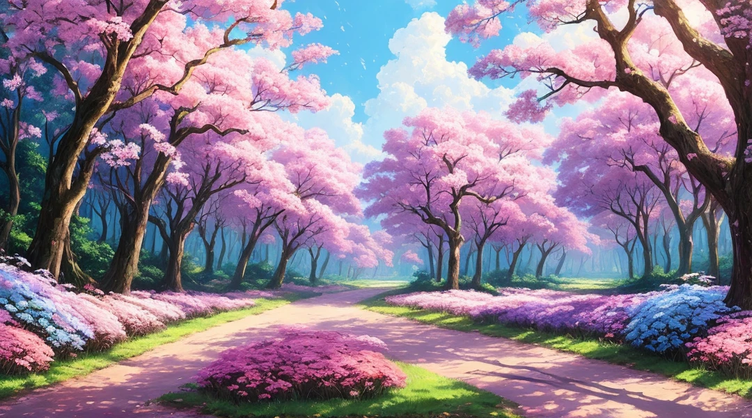 there is a painting of a forest with flowers in the foreground, anime lush john 8k woods, jen bartel, background art, ross tran. scenic background, floral environment, beautiful art uhd 4 k, glowing forest, atey ghailan 8 k, colorful concept art, digital painting concept art, concept art wallpaper 4k, background artwork, pink forest