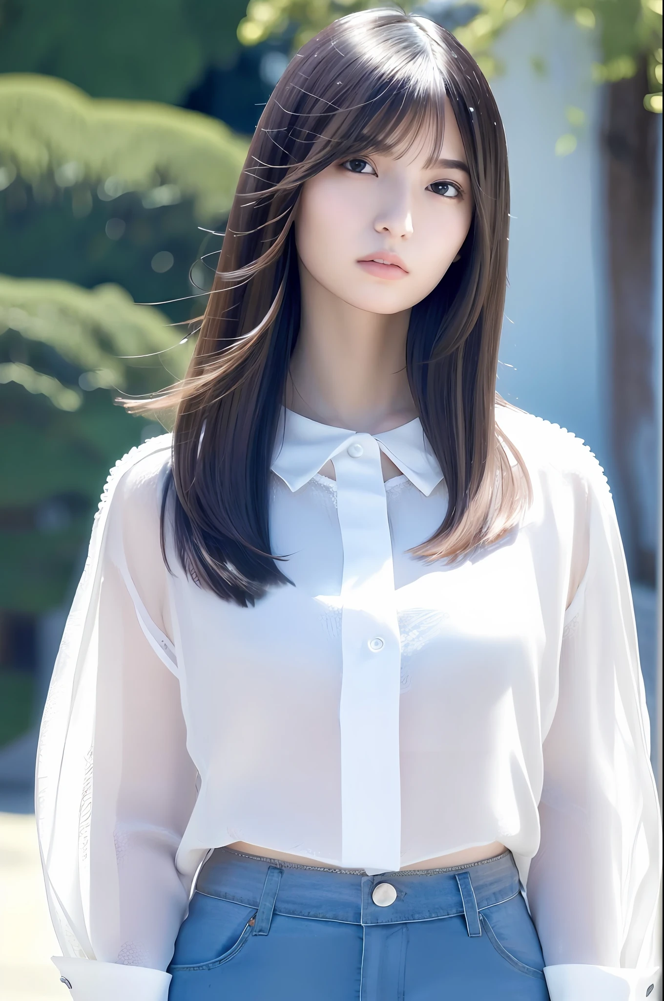 best quality, white skin, real human skin, (detailed fac), oval face, pores, ultra high res, (8k, RAW photo, photorealistic:1.4), 1girl, slim, (looking at viewer with a serene and goddess-like happiness:1.2), ( lipgloss, eyelashes, gloss-face, best quality, ultra highres, Broad lighting, natural shading), oversized jacket, fashion shirt,  cityscape,