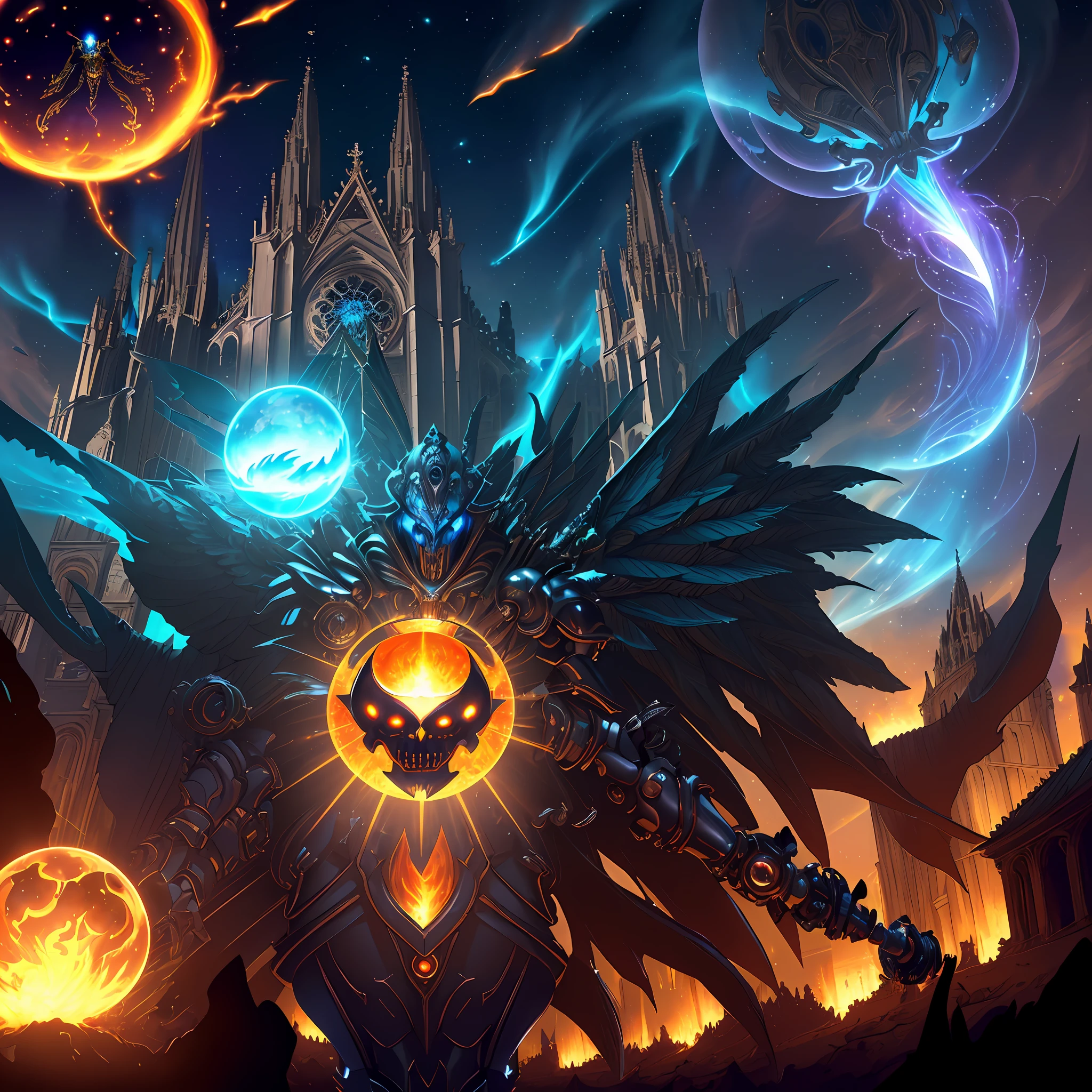 (android mechanical lich in foreground hovering above a massive gothic cathedral)=1.6, robot wings:Unholy Bioluminescent Flame,earnst haeckel, james jean. generative art, baroque, intricate patterns=1.1, fractalism, movie still, photorealistic, intricate, elegant=1.4, highly detailed, artstation, smooth, sharp focus, illustration, outrun, vaporware,epic wide angle shot, (monsters trapped in orbs of pure unholy celestial aura), angle from side, (Golden Death Mask) = 1.8, cinematic lighting, blank stare:yawning, (looking at viewer), {Masterpiece}, ((Massive Unholy blue flame meteors falling in background))=1.7, 1man