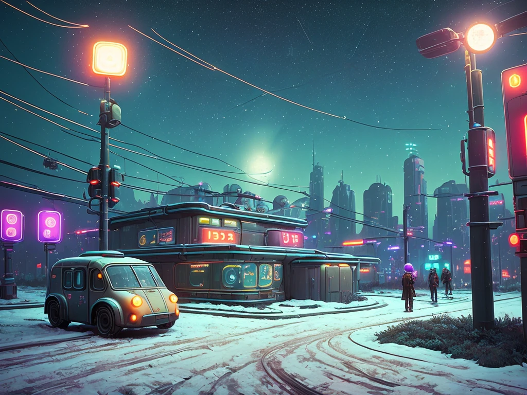 Futurism, street (((USSR)))), utopian future, robots, flying robots, overgrown buildings, winter, (starry night), neon, 4k, wallpaper, science fiction, lights, environment concept art and design, digital 3D, character modeling, 3D, photorealistic, textures, cgi, environment, ((Simon Stalenhag)), concept, environment concept art and amplifier design, sci-fi