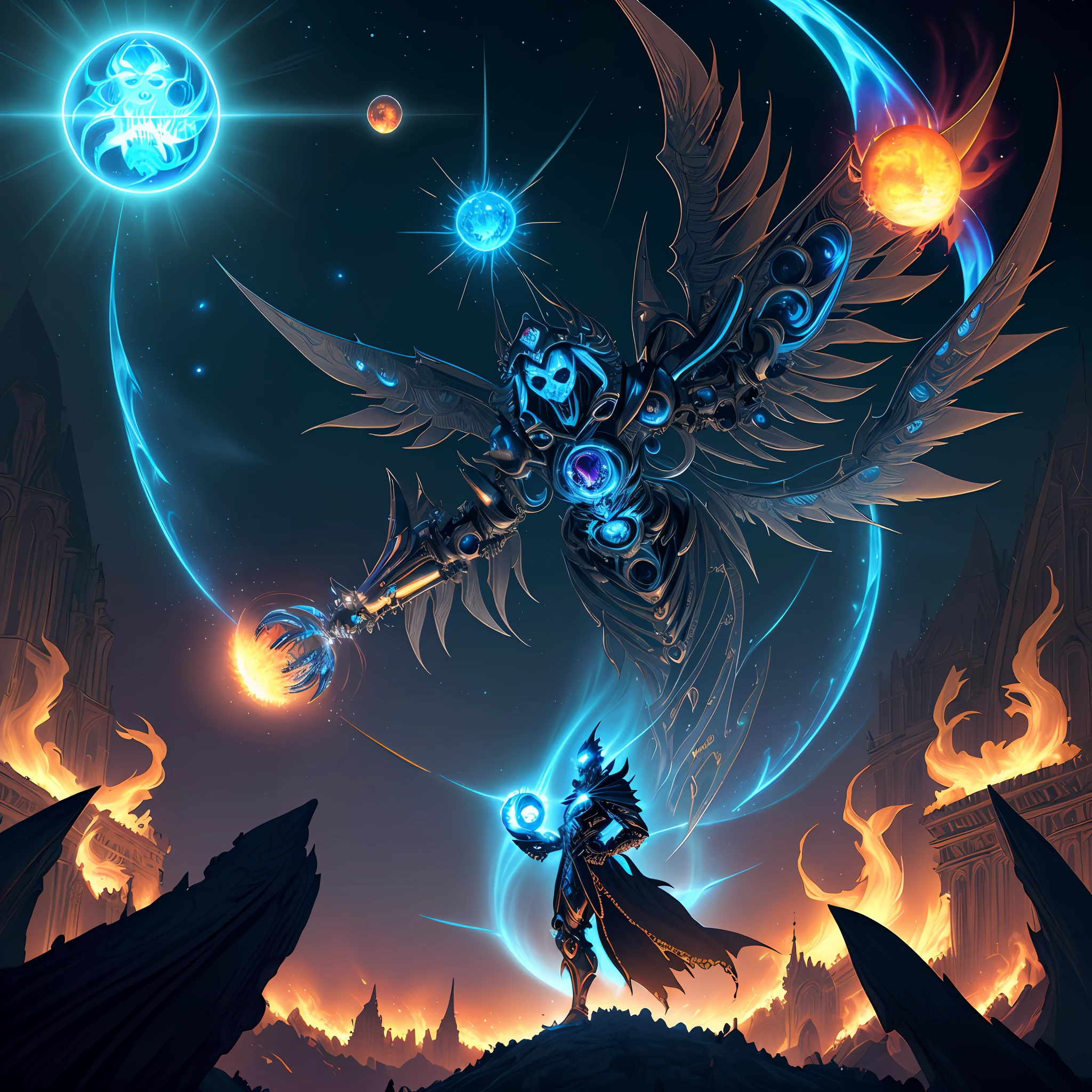 (android mechanical lich in foreground hovering above a massive gothic cathedral)=1.6, robot wings:Unholy Bioluminescent Flame,earnst haeckel, james jean. generative art, baroque, intricate patterns=1.1, fractalism, movie still, photorealistic, intricate, elegant=1.4, highly detailed, artstation, smooth, sharp focus, illustration, outrun, vaporware,epic wide angle shot, (monsters trapped in orbs of pure unholy celestial aura), angle from side, (Golden Death Mask) = 1.8, cinematic lighting, blank stare:yawning, (looking at viewer), {Masterpiece}, ((Massive Unholy blue flame meteors falling in background))=1.7, 1man