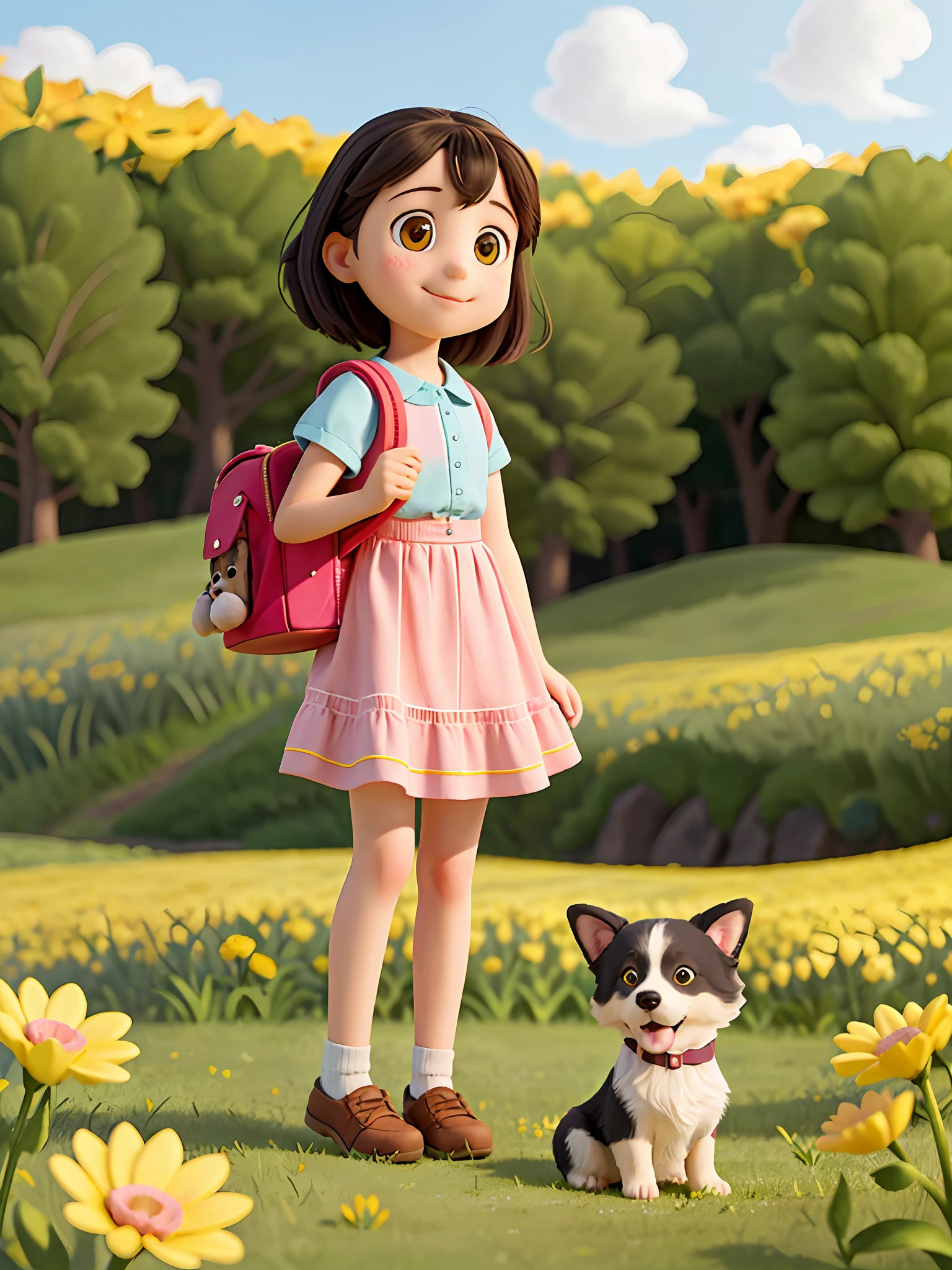 A very charming *********** with a backpack and her cute border collie puppy enjoying a lovely spring outing surrounded by beautiful yellow flowers and nature. The illustration is a high-definition illustration in 4K resolution with highly detailed facial features and cartoon-style visuals.