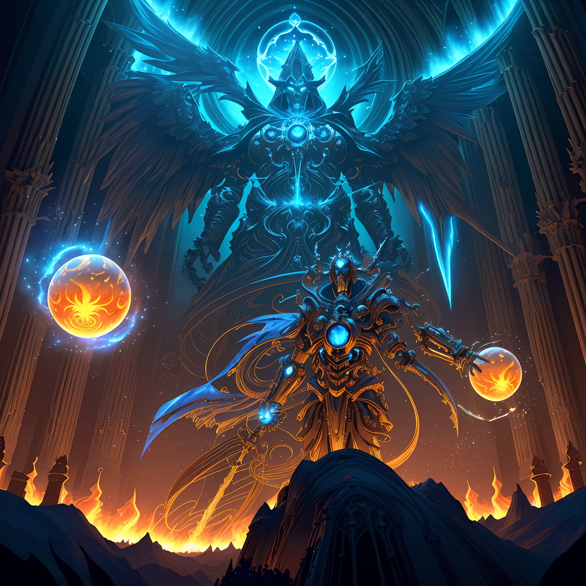 (android mechanical lich in foreground hovering above a massive gothic cathedral)=1.6, robot wings:Unholy Bioluminescent Flame,earnst haeckel, james jean. generative art, baroque, intricate patterns=1.1, fractalism, movie still, photorealistic, intricate, elegant=1.4, highly detailed, artstation, smooth, sharp focus, illustration, outrun, vaporware,epic wide angle shot, (monsters trapped in orbs of pure unholy celestial aura), angle from side, (Golden Death Mask) = 1.8, cinematic lighting, blank stare:yawning, (looking at viewer), {Masterpiece}, ((Massive Unholy blue flame meteors falling in background))=1.7, 1man