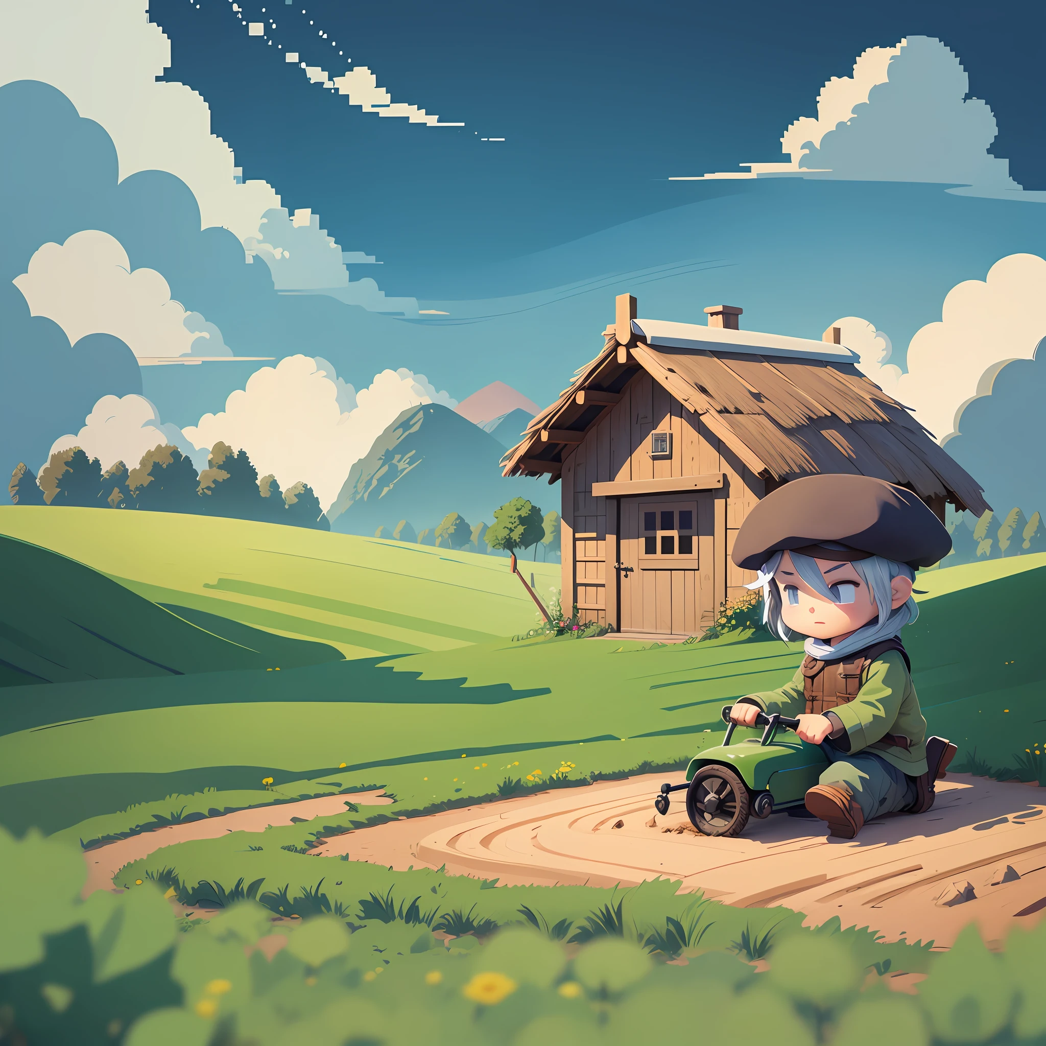 Pixel style, 2.5D, Beautiful idyllic scenery, A cartoon boy plows a hoe field, field, hut, silver hair, beret, Fujicolor, masterpiece -- v 6