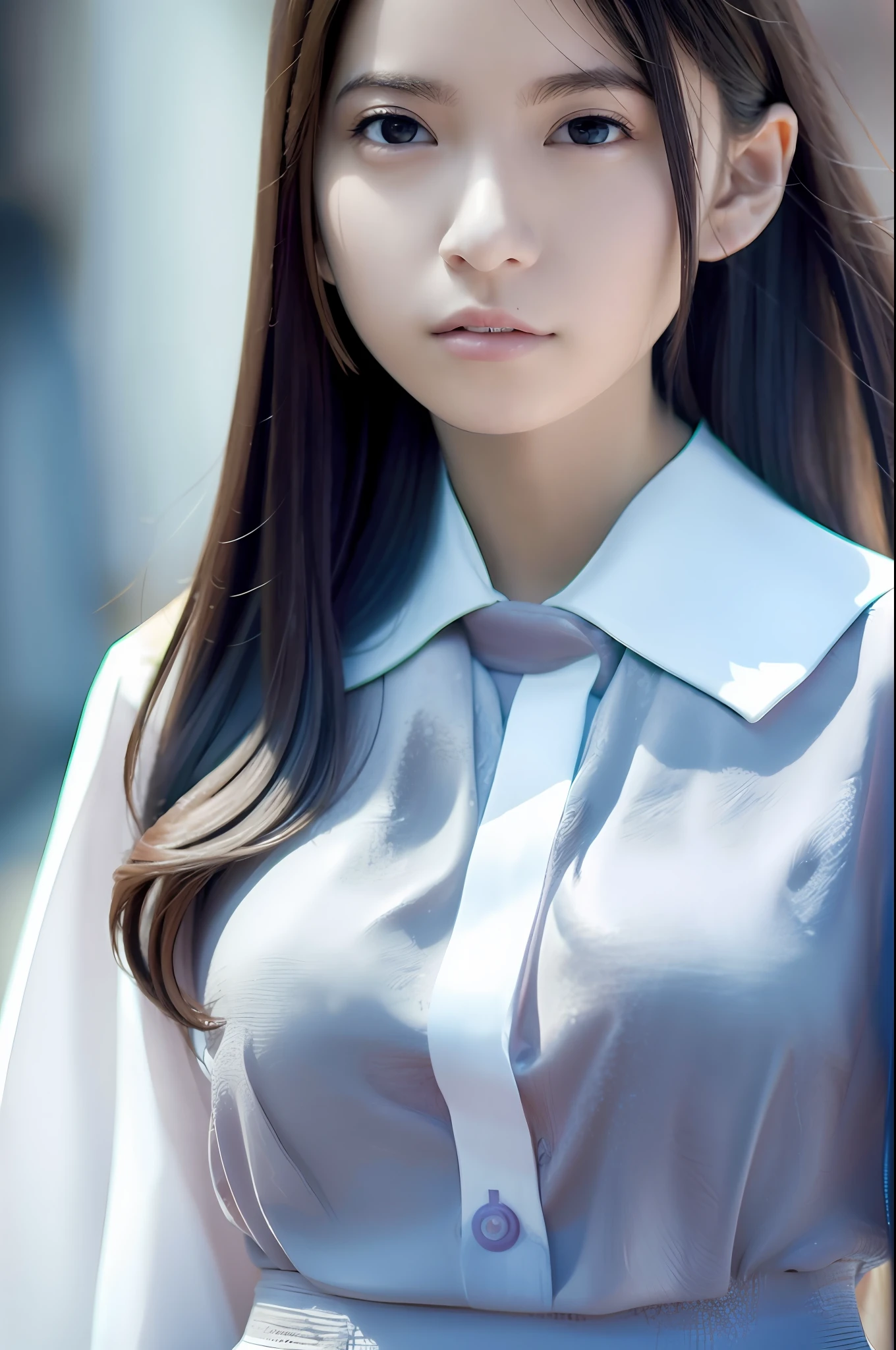 best quality, white skin, real human skin, (detailed fac), oval face, pores, ultra high res, (8k, RAW photo, photorealistic:1.4), 1girl, slim, (looking at viewer with a serene and goddess-like happiness:1.2), ( lipgloss, eyelashes, gloss-face, best quality, ultra highres, Broad lighting, natural shading), oversized jacket, fashion shirt, cityscape,