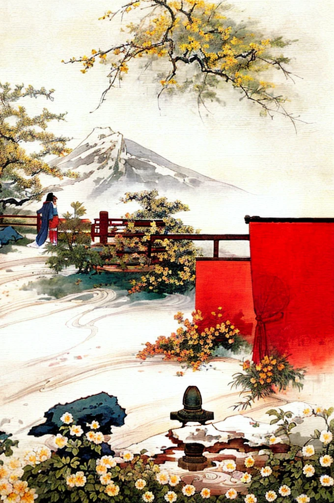 1 ancient Chinese wooden building on the side of the picture: 1.2, and a hoe against the wall: 1.2. A girl in period costume picks chrysanthemums while leisurely admiring the distant mountains in the background. Bright yellow chrysanthemum bush as foreground, gongbi drawing, mild contrast, lots of detail, high definition