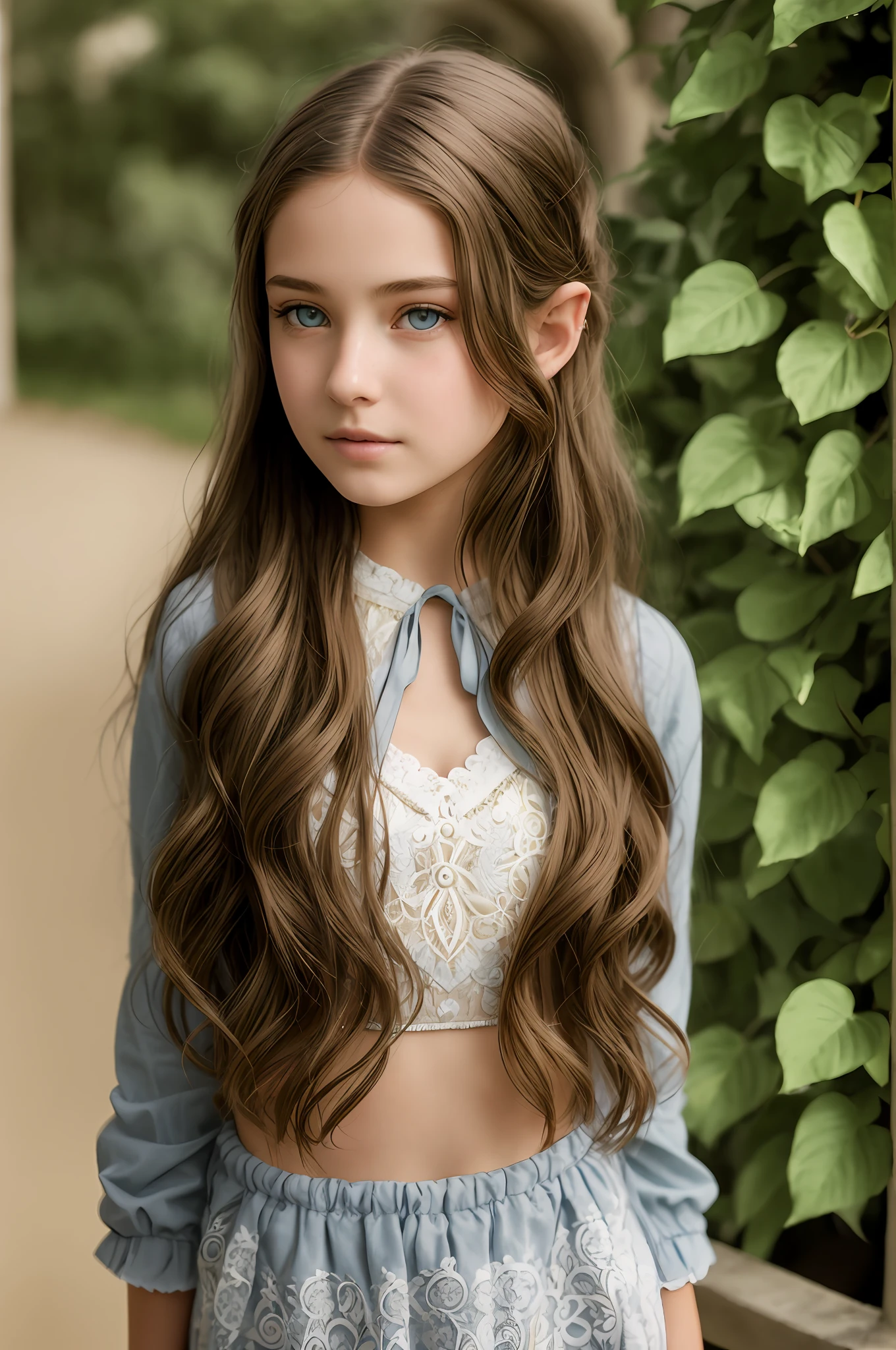 arafed girl with long hair and blue eyes standing in front of a bush, gorgeous young model, beautiful young girl, cute young girl, young with long hair, beautiful girl model, girl with long hair, elf long weaving brown hair, very beautiful elven top model, beautiful model girl, light brown hair blue eyes, long brown wavy hair, realistic, masterpiece, best quality, ultra-detailed, detailed, scenery, beautiful detailed eyes, detailed hair, realistic hand, intricate clothes, , cute, high resolution, 8k, RAW photos, high-detail RAW color photo, dynamic light, ultra detailed, detailed face, facial features details, beautiful details Eyes, very detailed eyes, very detailed skin, real skin, firm skin,