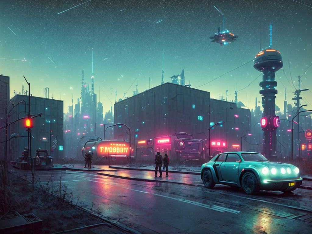 Futurism, street (((USSR)))), utopian future, robots, flying robots, overgrown buildings, winter, (starry night), neon, 4k, wallpaper, science fiction, lights, environment concept art and design, digital 3D, character modeling, 3D, photorealistic, textures, cgi, environment, ((Simon Stalenhag)), concept, environment concept art and amplifier design, sci-fi