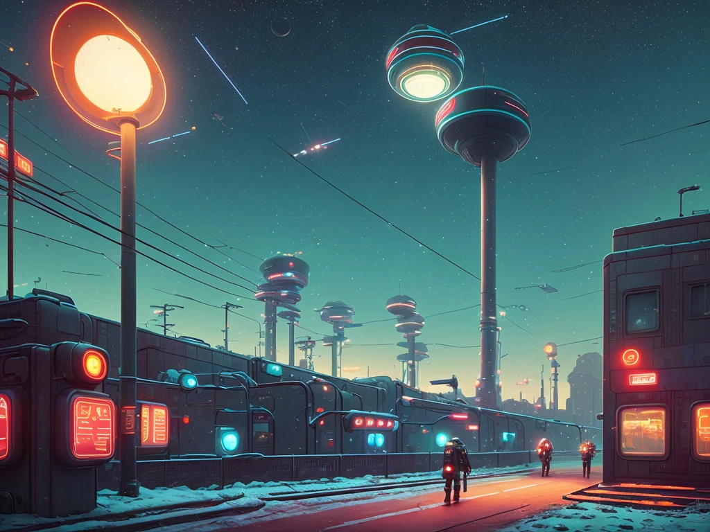 Futurism, street (((USSR)))), utopian future, robots, flying robots, overgrown buildings, winter, (starry night), neon, 4k, wallpaper, science fiction, lights, environment concept art and design, digital 3D, character modeling, 3D, photorealistic, textures, cgi, environment, ((Simon Stalenhag)), concept, environment concept art and amplifier design, sci-fi