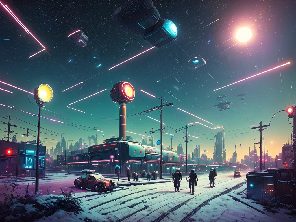 Futurism, street (((USSR)))), utopian future, robots, flying robots, overgrown buildings, winter, (starry night), neon, 4k, wallpaper, science fiction, lights, environment concept art and design, digital 3D, character modeling, 3D, photorealistic, textures, cgi, environment, ((Simon Stalenhag)), concept, environment concept art and amplifier design, sci-fi