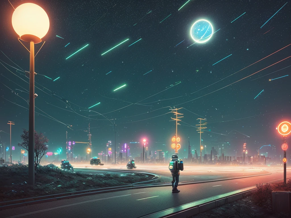 Futurism, street (((USSR)))), utopian future, robots, flying robots, overgrown buildings, winter, (starry night), neon, 4k, wallpaper, science fiction, lights, environment concept art and design, digital 3D, character modeling, 3D, photorealistic, textures, cgi, environment, ((Simon Stalenhag)), concept, environment concept art and amplifier design, sci-fi