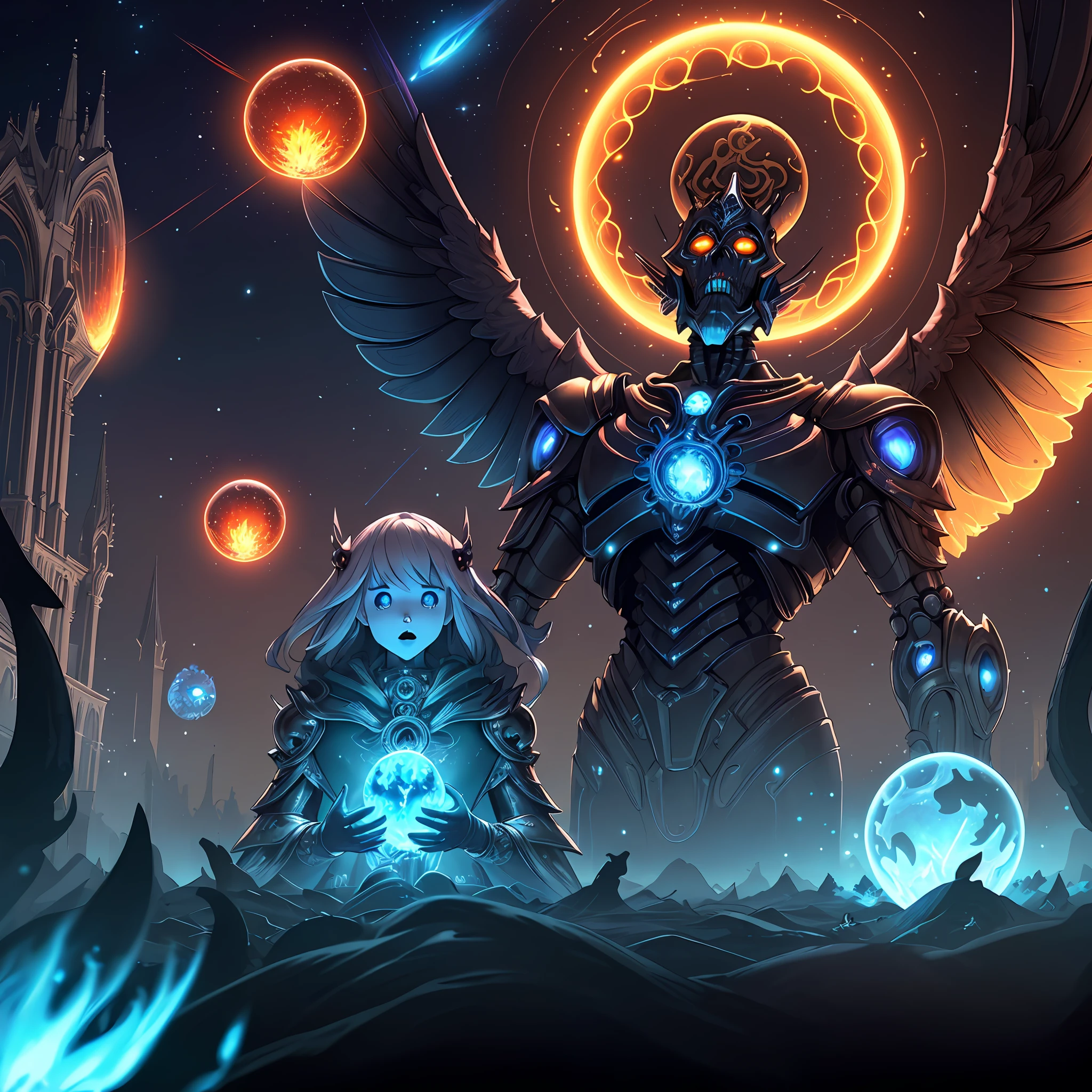 (android mechanical lich centered in foreground hovering above a massive gothic cathedral)=1.6, robot wings:Unholy Bioluminescent Flame,earnst haeckel, james jean. generative art, baroque, intricate patterns=1.1, fractalism, movie still, photorealistic, intricate, elegant=1.4, highly detailed=1.4, artstation, smooth, sharp focus, illustration, outrun, vaporware,epic wide angle shot, (monsters trapped in orbs of pure unholy celestial aura), angle from front, (Golden Death Mask) = 1.8, cinematic lighting, blank stare:yawning, (looking at viewer), {Masterpiece}, ((Massive Unholy blue flame meteors falling in background))=1.7, 1man