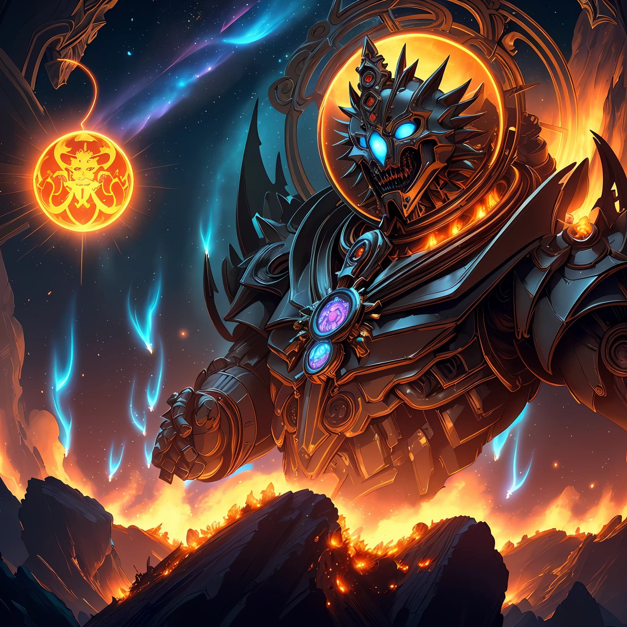 (android mechanical lich centered in foreground hovering above a massive gothic cathedral)=1.6, robot wings:Unholy Bioluminescent Flame,earnst haeckel, james jean. generative art, baroque, intricate patterns=1.1, fractalism, movie still, photorealistic, intricate, elegant=1.4, highly detailed=1.4, artstation, smooth, sharp focus, illustration, outrun, vaporware,epic wide angle shot, (monsters trapped in orbs of pure unholy celestial aura), angle from front, (Golden Death Mask) = 1.8, cinematic lighting, blank stare:yawning, (looking at viewer), {Masterpiece}, ((Massive Unholy blue flame meteors falling in background))=1.7, 1man