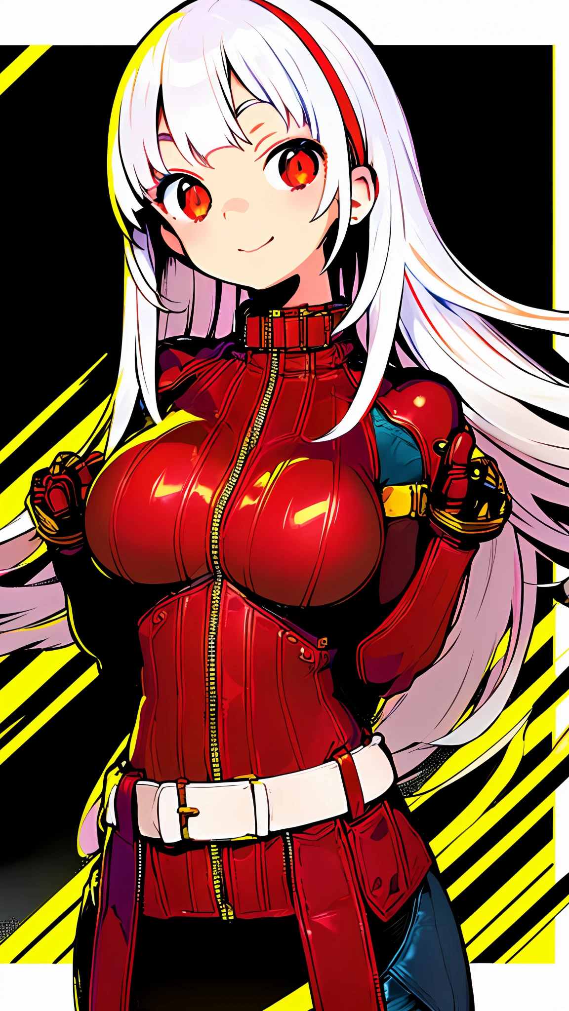 1girl, solo, long_hair, breasts, looking_at_viewer, smile, bangs, large_breasts, simple_background, red_eyes, gloves, cleavage, closed_mouth, jacket, white_hair, multicolored_hair, cowboy_shot, belt, blunt_bangs, bodysuit, gauntlets, yellow_background, cropped_legs, zipper, cropped_jacket, chaps,