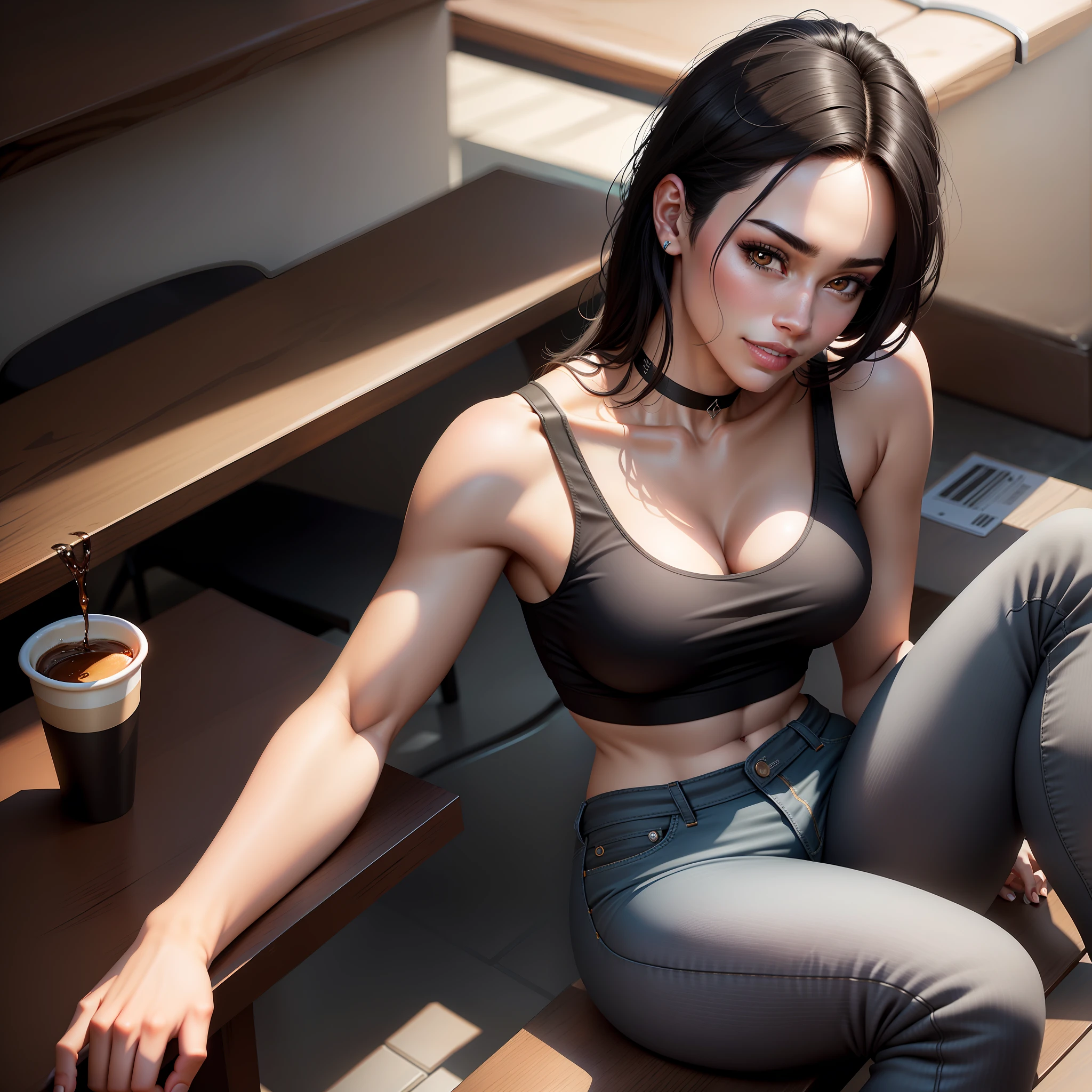 (((Hyper realistic))) Black hair, brown eyes, 21 year old, girl, sitting at a table, white skin, black choker, human, realistic, b cup breasts, crooked smile, straight teeth, skinny, drinking coffee, wearing tank top, black pants, 1girl