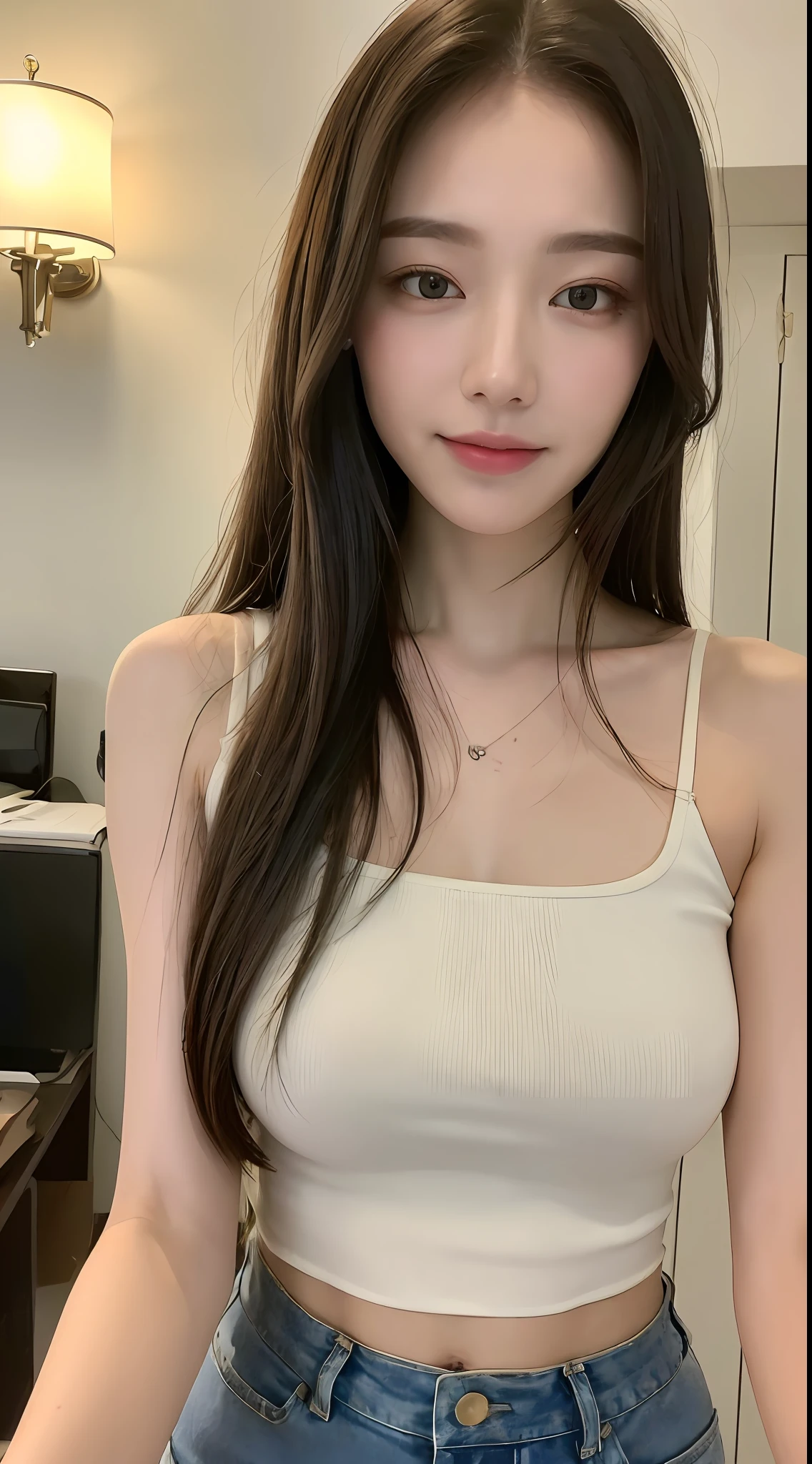 ((Best quality, 8k, Masterpiece :1.3)), 1girl, beautiful woman with emphasis on slender abs: 1.3, (long hair, big breasts: 1.2), oversized tank top: 1.2, super delicate face, delicate eyes, double eyelids, smile, home, random color clothes