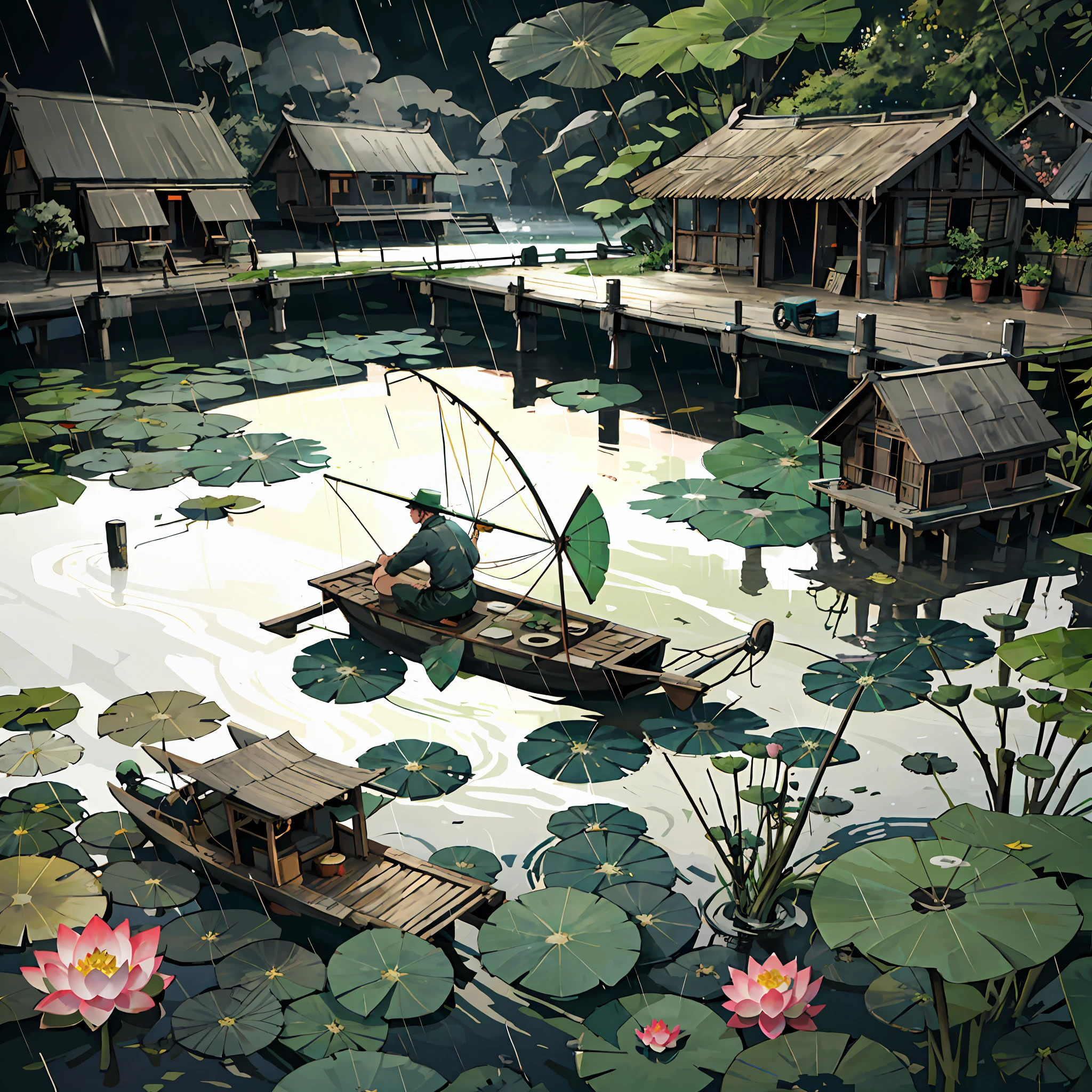 (It is raining heavily), the man sits fishing, lotus, lotus leaves, rain, boats, fish, there are houses on the shore, large wooden houses, small bridges, water wheels,