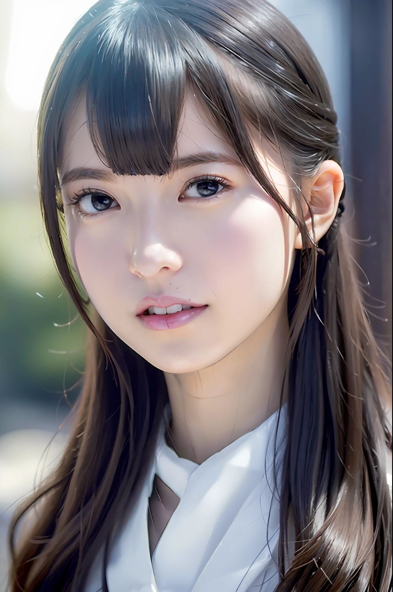 best quality, white skin, real human skin, (detailed fac), oval face, pores, ultra high res, (8k, RAW photo, photorealistic:1.4), 1girl, slim, (looking at viewer with a serene and goddess-like happiness:1.2), ( lipgloss, eyelashes, gloss-face, best quality, ultra highres, Broad lighting, natural shading), oversized jacket, fashion shirt,  cityscape,