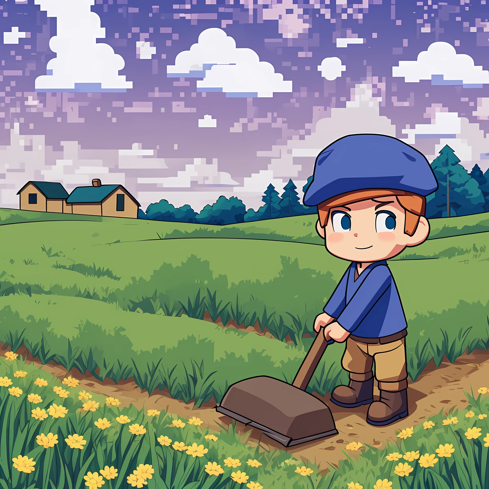 Pixel style, 2.5D, Beautiful idyllic scenery, A cartoon boy plows a hoe field, field, hut, silver hair, beret, Fujicolor, masterpiece -- v 6