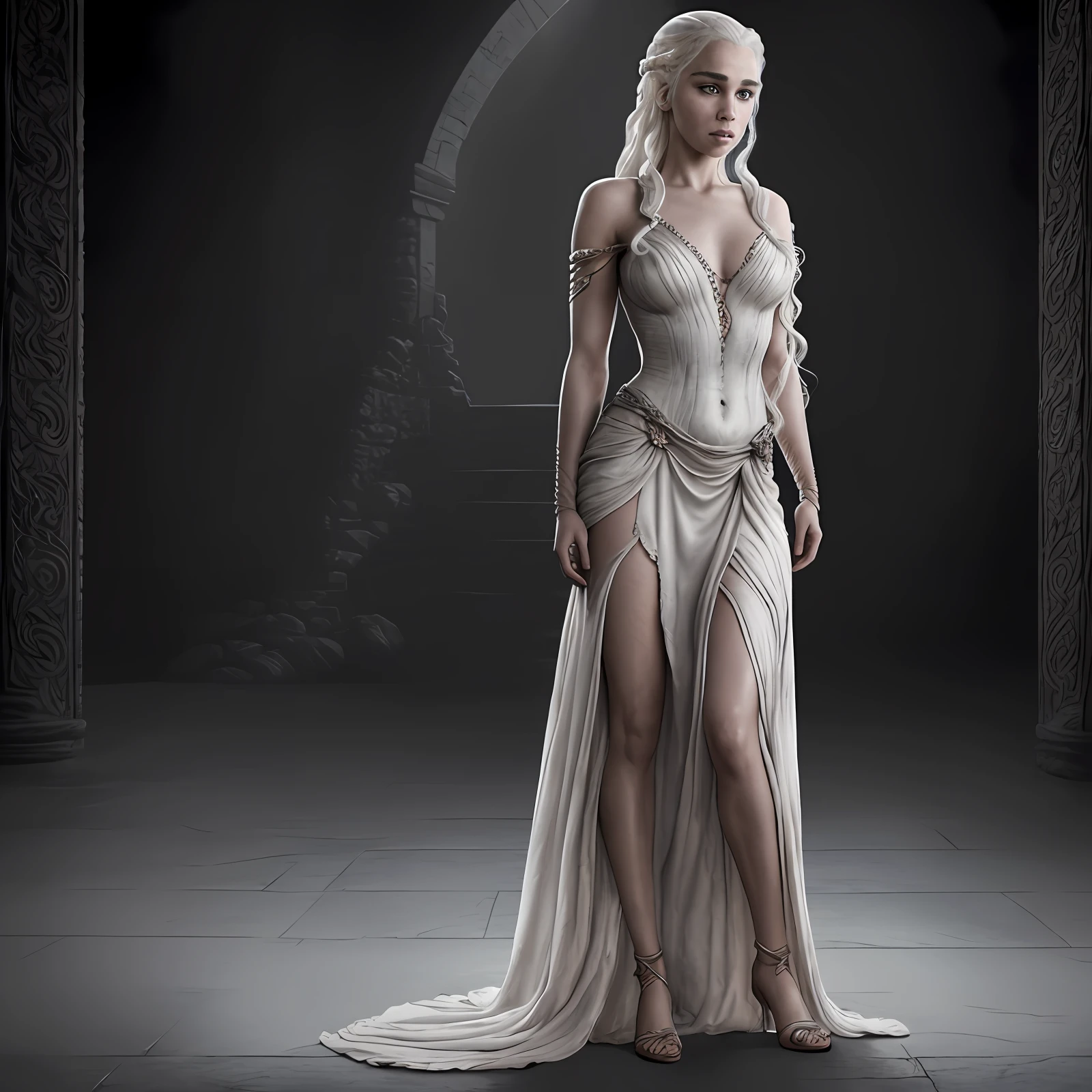female dressed as daenerys targaryen, gorgeous, attractive, flirting, (((full body visible))), looking at viewer, portrait, photography, detailed skin, realistic, photo-realistic, 16k, highly detailed, full length frame, High detail RAW color art, piercing, diffused soft lighting, shallow depth of field, sharp focus, hyperrealism, cinematic lighting