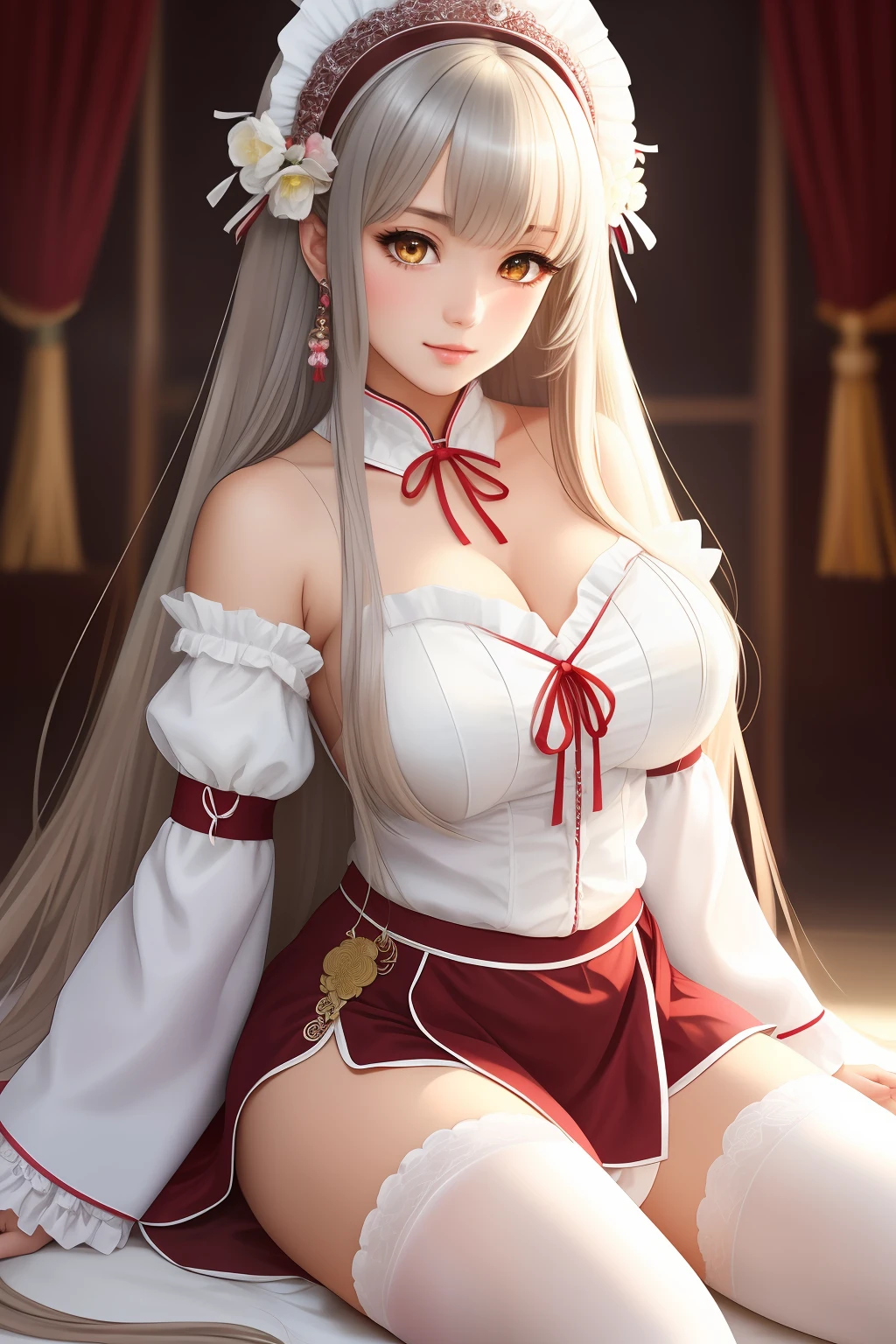 sketch,(defined line),detailed light,((cinematic lighting)),(very detailed face),(very detailed eyes),(((masterpiece))), best quality,perfect eyes, masterpiece , beautiful face, ultra detailed, highres,perfect hands:1.5,(source request),((official wallpaper)),(realistic:1.2),(light rays),(perfect body:1.5),extremely detailed face,(HDR:1.5),Jewel-like eyes,best quality,emphasis lines:0.4,(skindentation:1.3),detailed gorgeous face, ((beautiful girl:1.5)), olive skin:1.5,(( extremely detailed, hyper detailed)),thick eyelashes,long eyelashes,
hirume, 1girl, solo, breasts, looking at viewer, blush, bangs, skirt, simple background, thighhighs, white background, cleavage, bare shoulders, sitting, very long hair, thighs, sweat, frills, detached sleeves, japanese clothes, white thighhighs, maid headdress, thick thighs, miko, magatama, kitsune,gigantic breasts,yellow eyes,