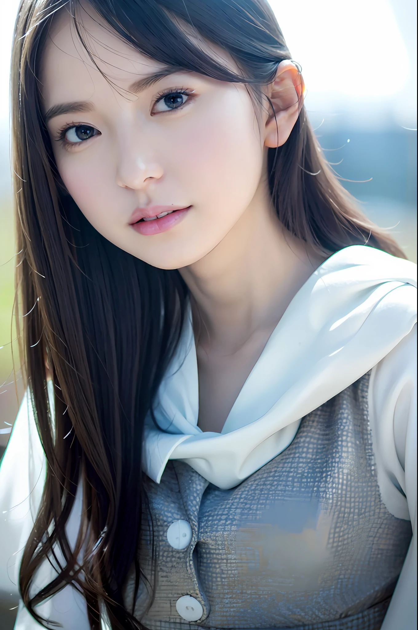 best quality, white skin, real human skin, (detailed fac), oval face, pores, ultra high res, (8k, RAW photo, photorealistic:1.4), 1girl, slim, (looking at viewer with a serene and goddess-like happiness:1.2), ( lipgloss, eyelashes, gloss-face, best quality, ultra highres, Broad lighting, natural shading), oversized jacket, fashion shirt,  cityscape,