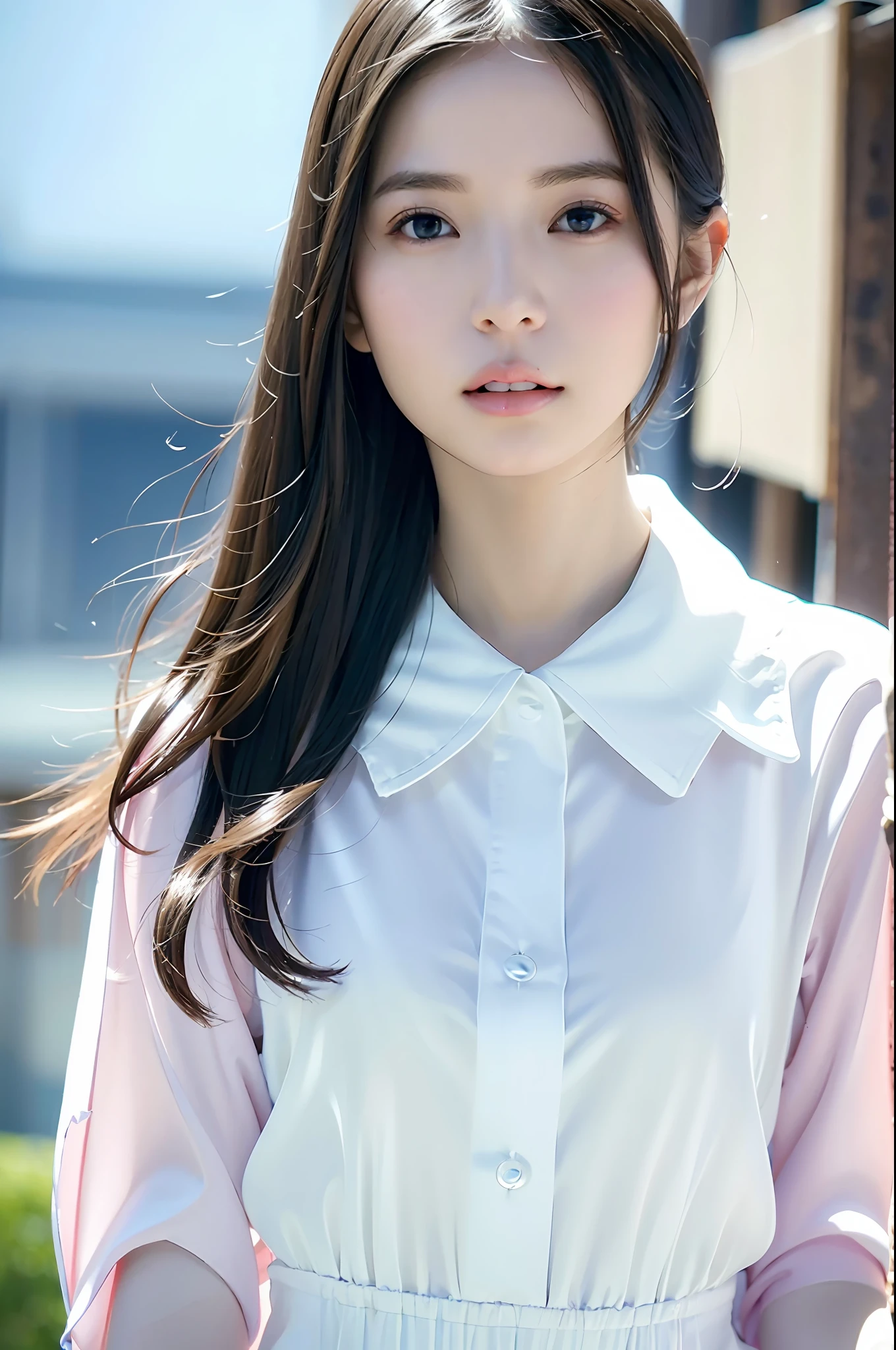 best quality, white skin, real human skin, (detailed fac), oval face, pores, ultra high res, (8k, RAW photo, photorealistic:1.4), 1girl, slim, (looking at viewer with a serene and goddess-like happiness:1.2), ( lipgloss, eyelashes, gloss-face, best quality, ultra highres, Broad lighting, natural shading), oversized jacket, fashion shirt, cityscape,