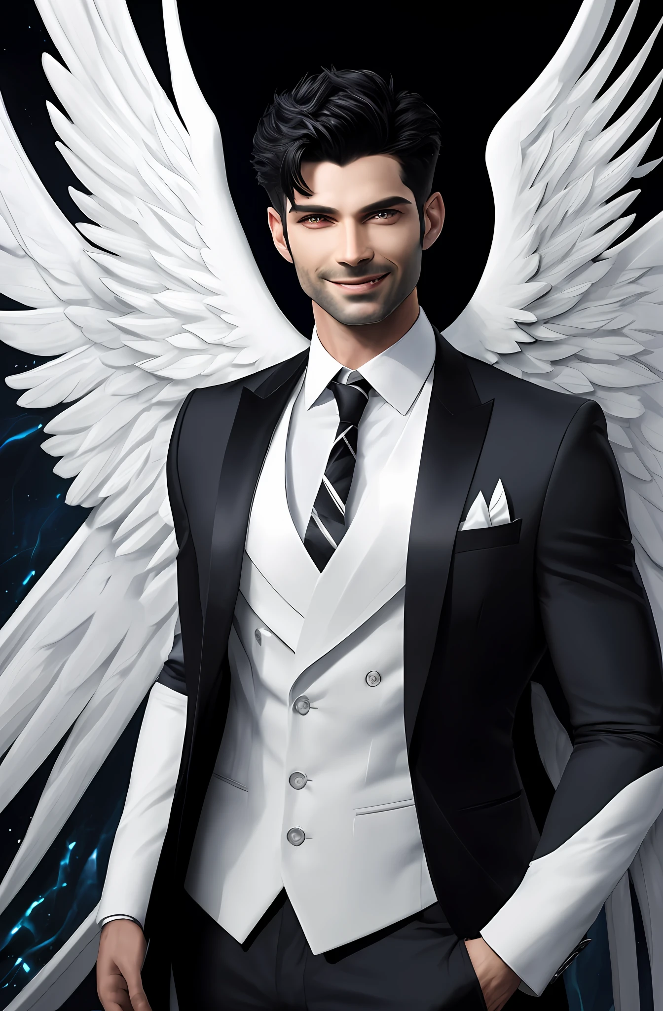 (8k, best quality, masterpiece:1.2), Lucifer Morningstar, masculine British male angel with dark hair, mischievous smile, white wings, devil, fallen angel, bright glowing light in the background, details, dark suit, club theme