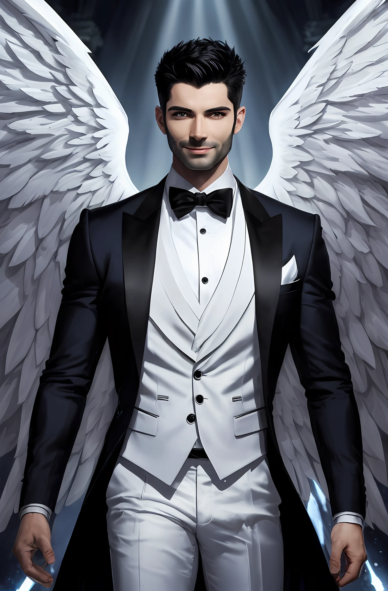 (8k, best quality, masterpiece:1.2), Lucifer Morningstar, masculine British male angel with dark hair, mischievous smile, white wings, devil, fallen angel, bright glowing light in the background, details, dark suit, club theme