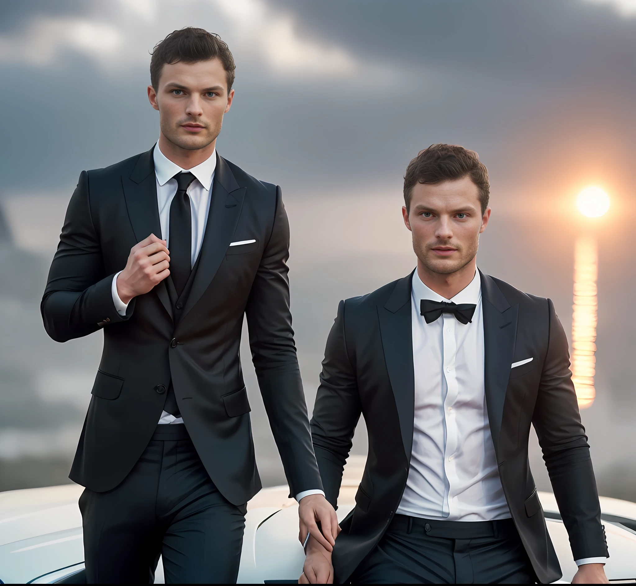 (Jamie Dornan coming out of an Aston Martin), movie scene, wearing black shorts, (No blemishes), serious and elegant man, (With tanned and healed body, with the face of a model), actor Jamie Dornan, with thick and masculine eyebrows, secret agent style man 007, (with mysterious and serious countenance,) ( wearing a detached and beautiful beard, ) short dark hair, Stylish and elegant, shaved and strong body fitted in suit, sunset image background, show body, man similar to actor Jamie Dornan, (high quality and realistic image), ((Best quality, 8k, Masterpiece).