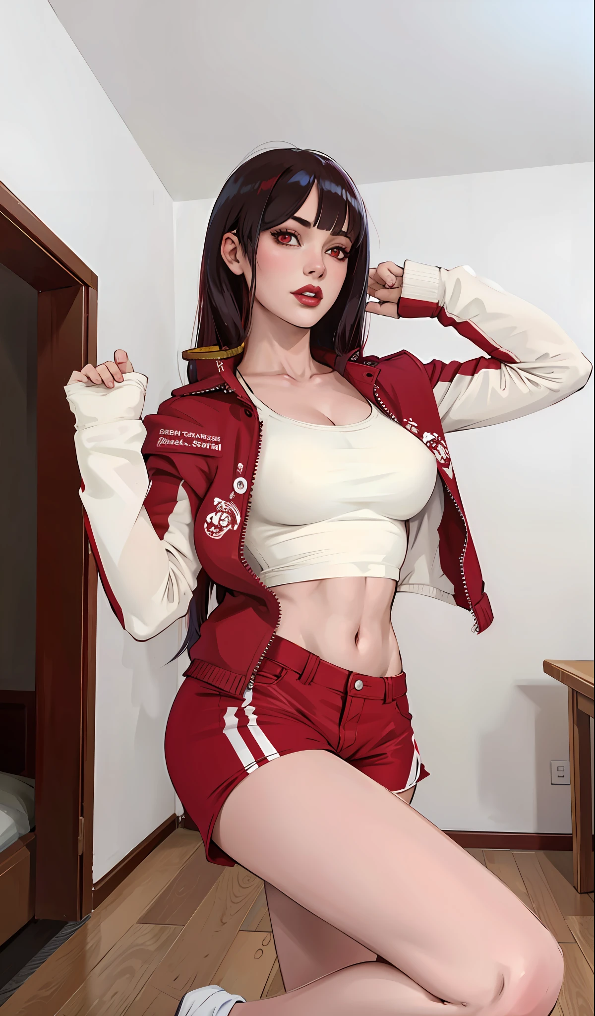 (masterpiece),(best quality:1.0), (ultra highres:1.0), detailed illustration, 8k, anime, 1girl, beautiful anime girl, wearing a red jacket, white crop top, red shorts, posing, pretty face, detailed face, beautiful eyes, detailed eyes, dark red eyes, bright red lips, red lipstick, beautiful stylish hair, highlights in hair, bangs anime style, best quality, vibrant