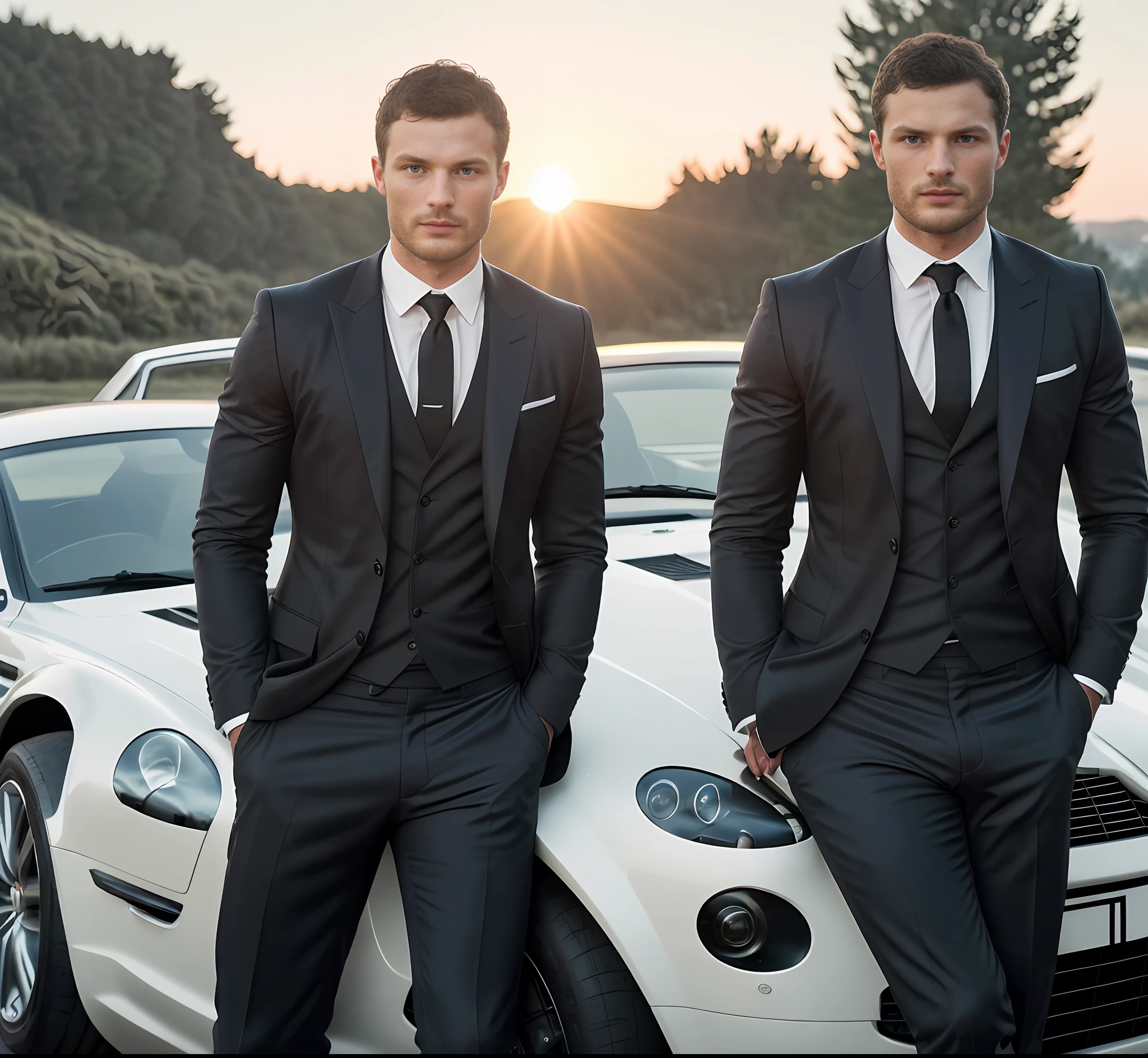 (Jamie Dornan coming out of an Aston Martin), movie scene, wearing black shorts, (No blemishes), serious and elegant man, (With tanned and healed body, with the face of a model), actor Jamie Dornan, with thick and masculine eyebrows, secret agent style man 007, (with mysterious and serious countenance,) ( wearing a detached and beautiful beard, ) short dark hair,  Stylish and elegant, shaved and strong body fitted in suit, sunset image background, show body, man similar to actor Jamie Dornan, (high quality and realistic image), ((Best quality, 8k, Masterpiece).