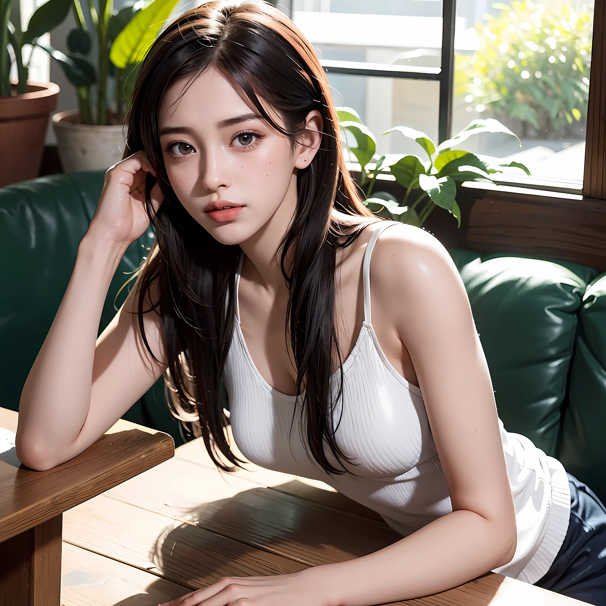close-up,(photorealistic:1.4),best quality,realistic, masterpiece, an extremely delicate and beautiful, CG,extremely detailed ,highres, extremely detailed,depth of field, 1girl, tifa_lockhart,beautiful detailed girl,upper body, realistic,suspender_skirt, tank_top, taut_shirt, black_hair, long_hair, beautiful detailed red eyes, light on face,saika1