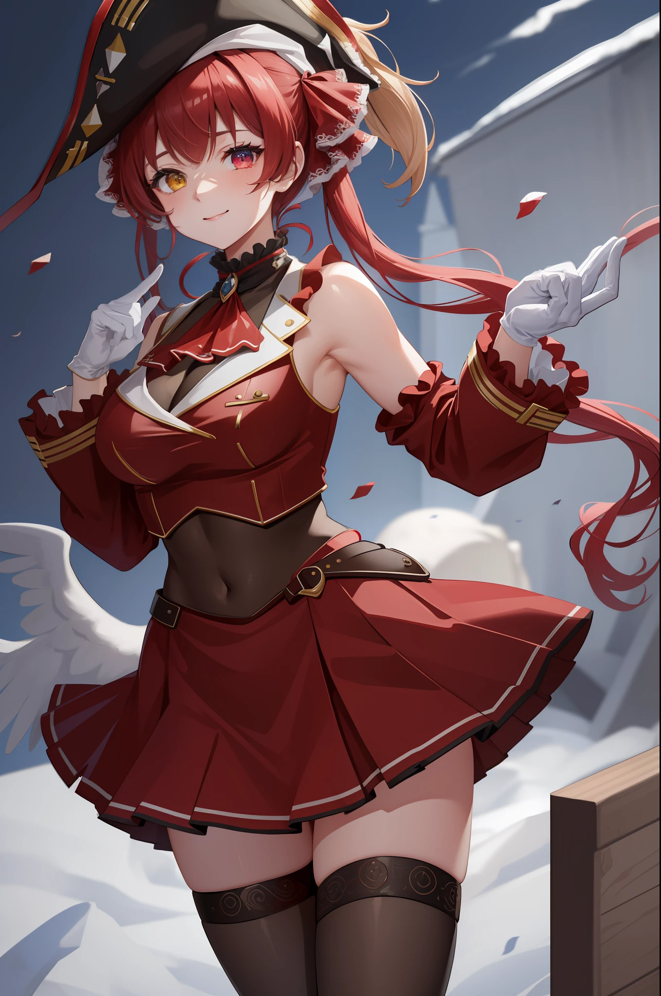 masterpiece, best quality, absurdres, perfect antomy, houshouBase, 1girl, solo, heterochromia, red eyes, yellow eyes, twintails, long hair, hair ribbon, large breasts, white gloves, frilled choker, red ascot, leotard, leotard under clothes, red jacket, cropped jacket, sleeveless jacket, black coat, off shoulder, bicorne, red skirt, miniskirt, leather belt, black thighhighs, standing, smile