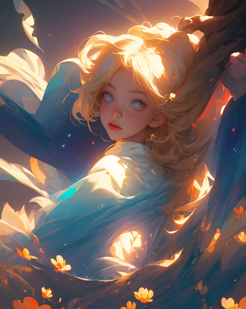 (best quality, masterpiece), 1girl, pose, particle, wind, flower, upper body, simple background, looking at viewer, blonde, galaxy,backlit,rim light,glow