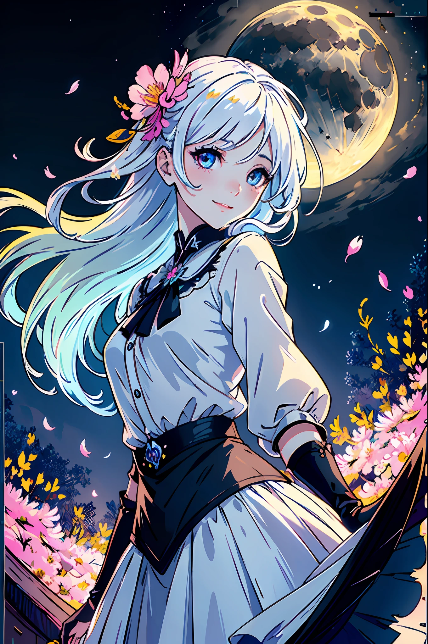 masterpiece, best quality, 1girl, (colorful),(finely detailed beautiful eyes and detailed face),cinematic lighting,bust shot,extremely detailed CG unity 8k wallpaper,white hair,solo,smile,intricate skirt,((flying petal)),(Flowery meadow) sky, cloudy_sky, building, moonlight, moon, night, (dark theme:1.3), light, fantasy,