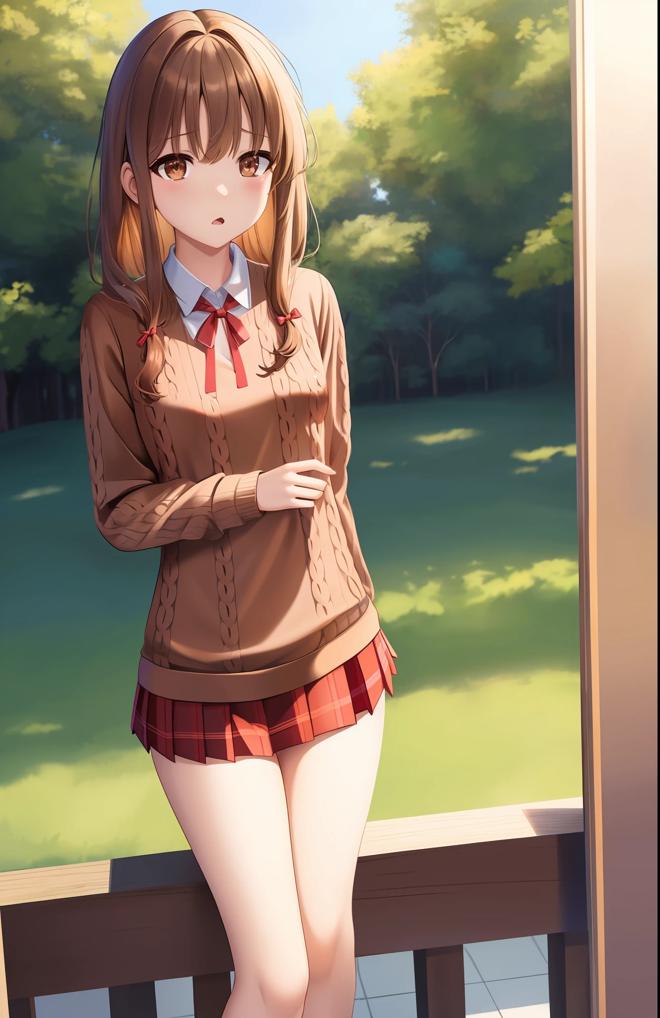 masterpiece, high quality, best quality, high resolution, 4k, high definition, beautiful lighting,highly detailed face, well drawn hands, well drawn legs,well drawn feet,well drawn eyes,1girl,kaede, brown hair, brown eyes,schoolgirl uniform,plaid red skirt, white shirt, (((blue sweater))),red neck ribbon,small boobs, small ass,standing,shy, cowering