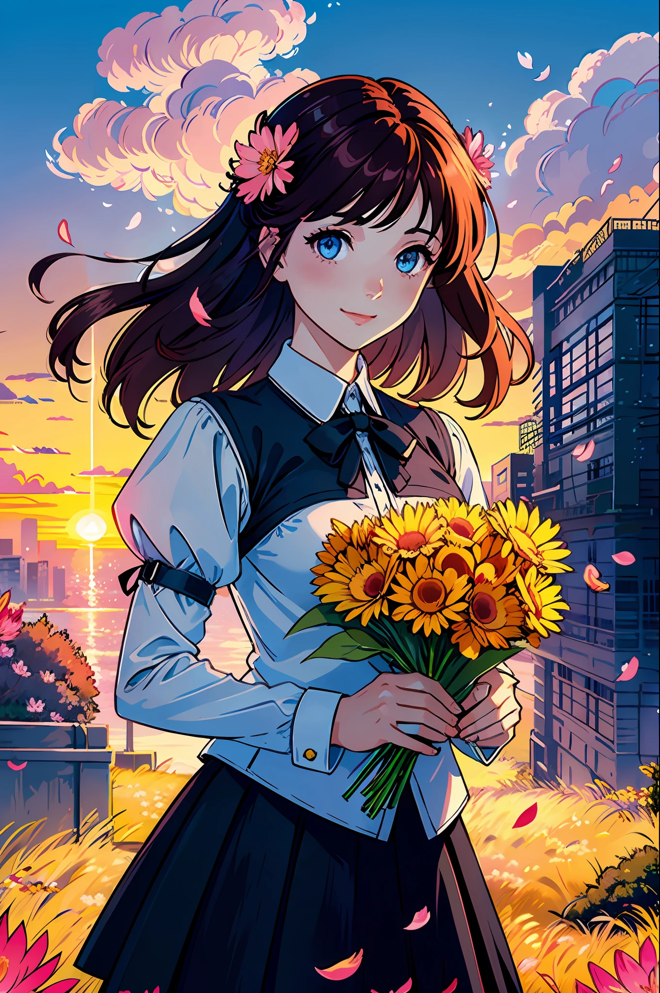 Masterpiece, best quality, 1girl, (color), (delicate beautiful eyes and delicate face), movie lighting, bust, very detailed CG uniform 8k wallpaper, redhead, solo, smile, complex skirt, ((flying petals)), (Flowery meadow) sky, cloudy_sky, building, sunset, setting sun, night, (dark theme:1.3), light, fantasy,