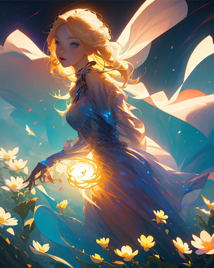 (best quality, masterpiece), 1girl, pose, particle, wind, flower, upper body, simple background, looking at viewer, blonde, galaxy,backlit,rim light,glow