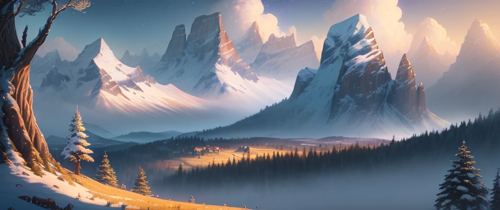 (masterpiece, illustration, best quality, detailed,highres:1.4), in the distance
colorful, vibrant, lush, volumetric lighting, contrast, 
From a distance, depth of field 
scenery, landscape painting, concept art, intricate tiny details, stylized, 
cloudy skies, moonlit night starry skies
Fantasy, zelda breath of the wild style scenery
snow, waterfall, 
blooming trees grass flowers 
 Rocky Mountains and forest snow in the background 
   , (fantasy magic:1.4)