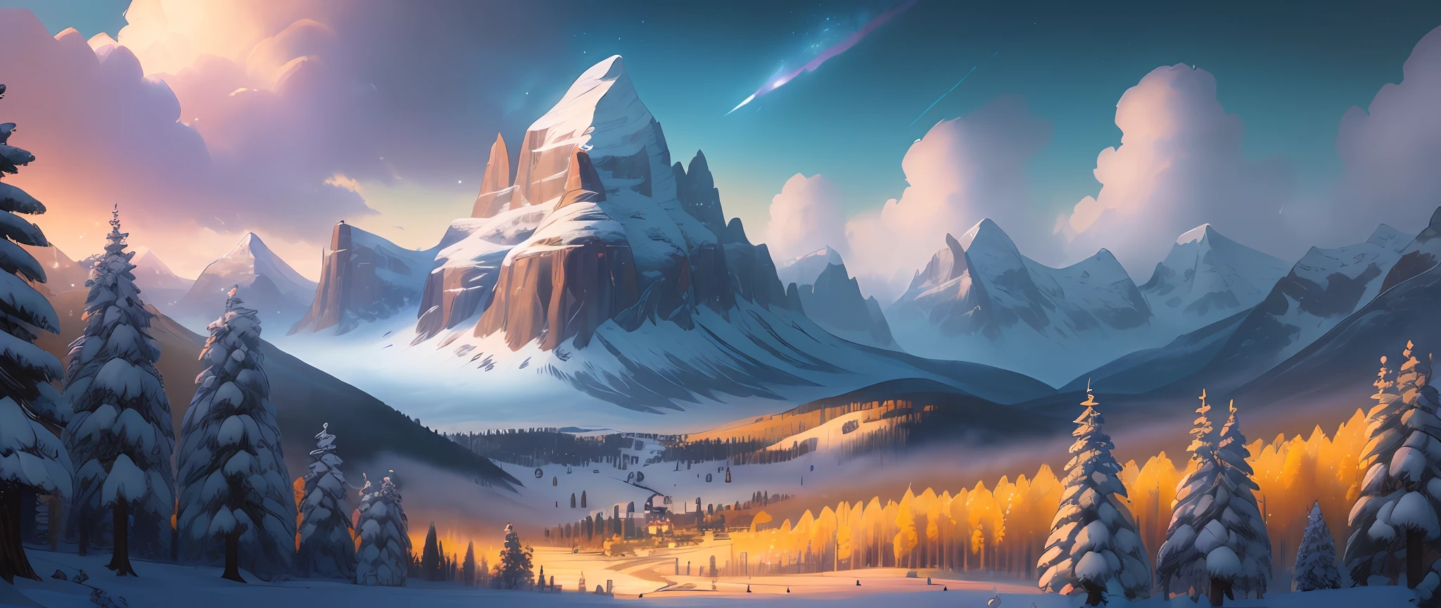 (masterpiece, illustration, best quality, detailed,highres:1.4), in the distance
colorful, vibrant, lush, volumetric lighting, contrast,
From a distance, depth of field
scenery, landscape painting, concept art, intricate tiny details, stylized,
cloudy skies, moonlit night starry skies
Fantasy, zelda breath of the wild style scenery
snow, waterfall,
blooming trees grass flowers
Rocky Mountains and forest snow in the background
, (fantasy magic:1.4)