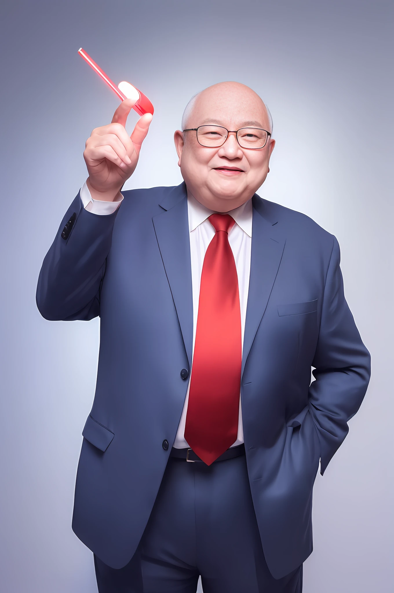 70-year-old Asian professor, kind face, obese, 300 pounds old playboy, wearing a tie posing for photos, photo shutter, smile, solid color business suit, red color clothes, characters stepping on lights, white shirts. The whole person was taken (full body photo)