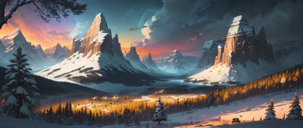 (masterpiece, illustration, best quality, detailed,highres:1.4), in the distance
colorful, vibrant, lush, volumetric lighting, contrast,
From a distance, depth of field
scenery, landscape painting, concept art, intricate tiny details, stylized,
cloudy skies, moonlit night starry skies
Fantasy, zelda breath of the wild style scenery
snow, waterfall,
blooming trees grass flowers
Rocky Mountains and forest snow in the background
, (fantasy magic:1.4)