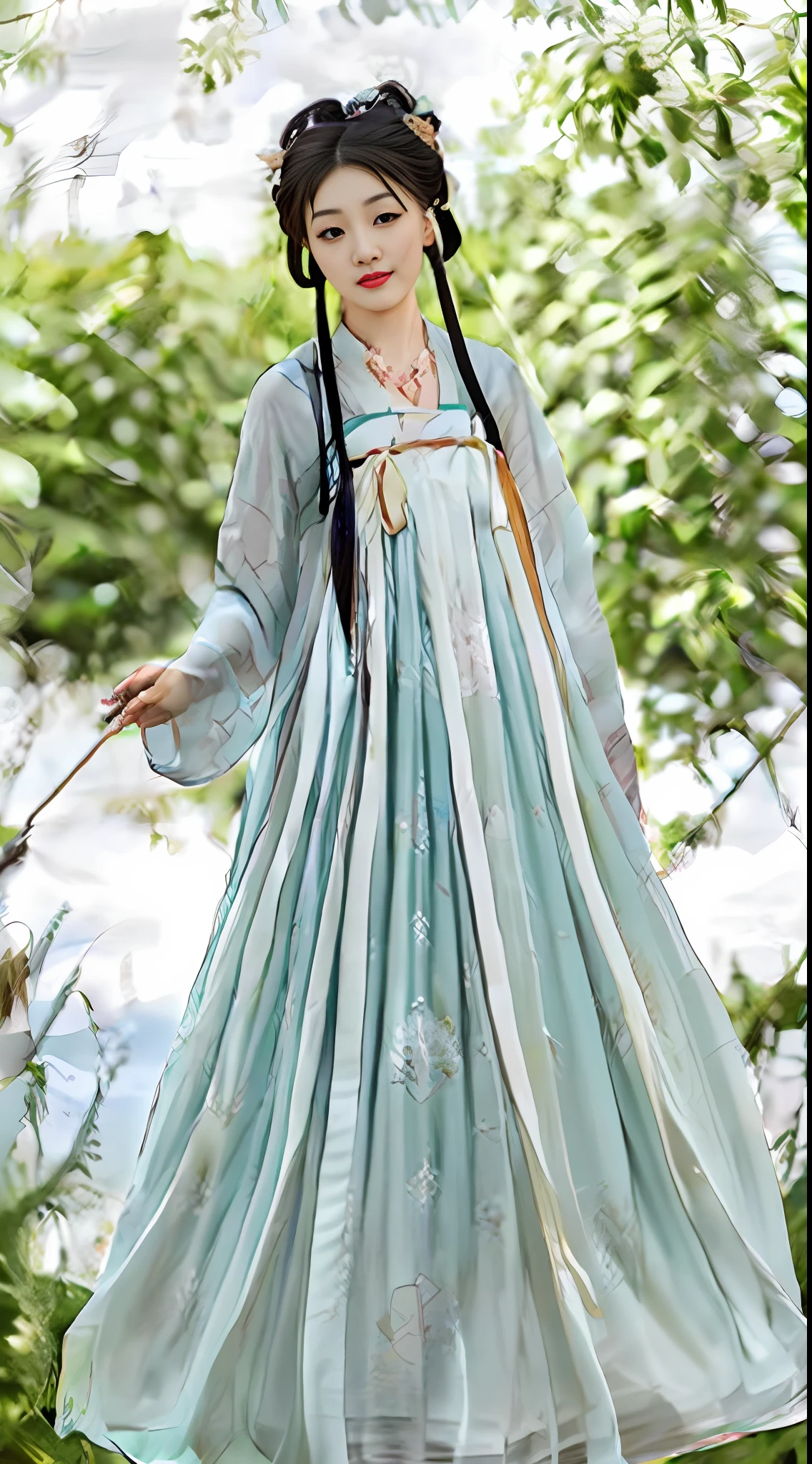 插画,20-year-old woman, detail face,detail eyes,intricate hanfu,,closeup shot,sit,发饰,项链,首饰,makeup,动态视角,blur background