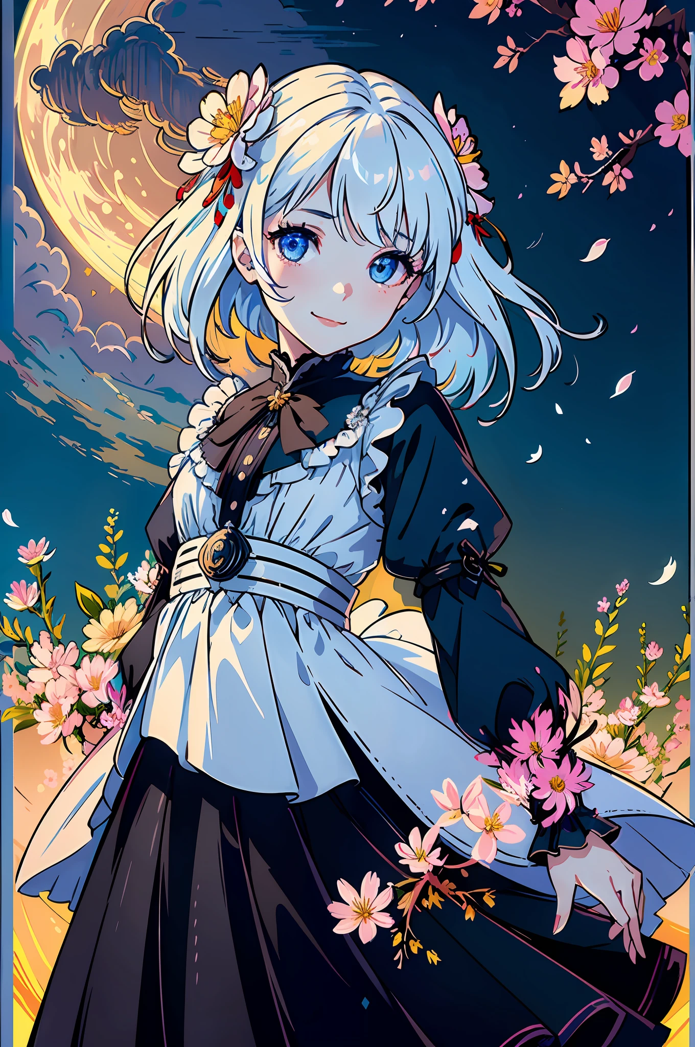 masterpiece, best quality, 1girl, (colorful),(finely detailed beautiful eyes and detailed face),cinematic lighting,bust shot,extremely detailed CG unity 8k wallpaper,white hair,solo,smile,intricate skirt,((flying petal)),(Flowery meadow) sky, cloudy_sky, building, moonlight, moon, night, (dark theme:1.3), light, fantasy,