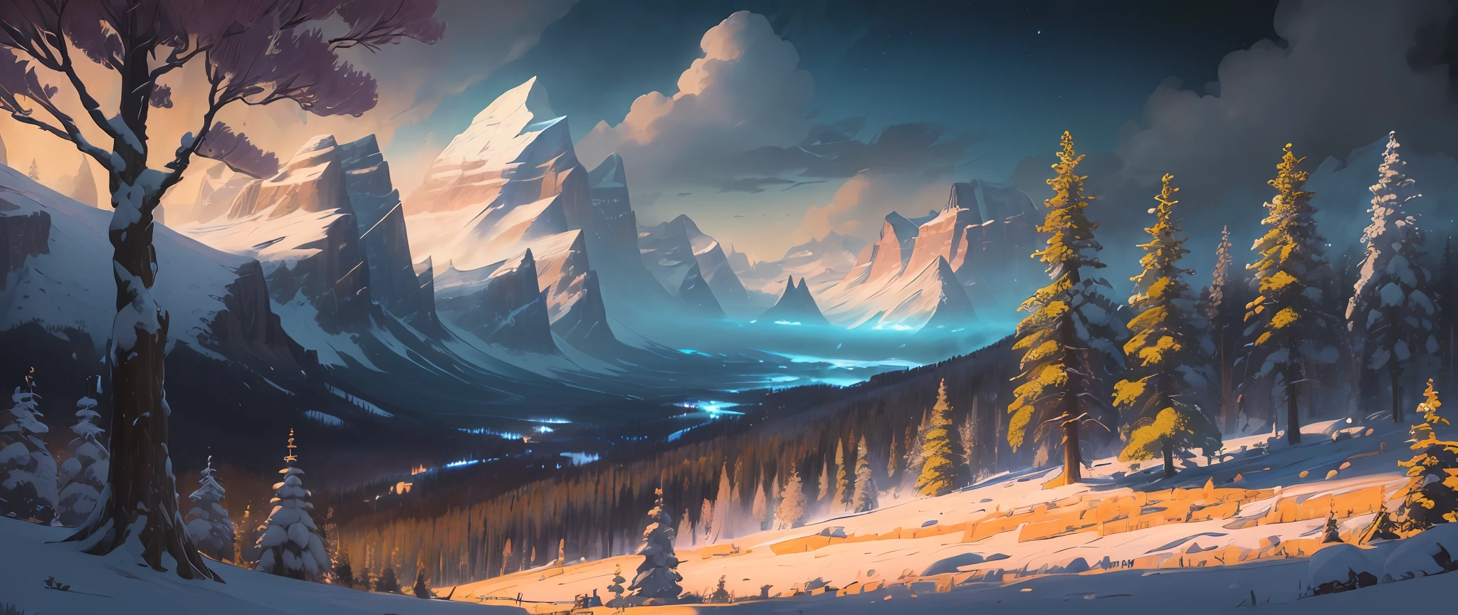 (masterpiece, illustration, best quality, detailed,highres:1.4), in the distance
colorful, vibrant, lush, volumetric lighting, contrast,
From a distance, depth of field
scenery, landscape painting, concept art, intricate tiny details, stylized,
cloudy skies, moonlit night starry skies
Fantasy, zelda breath of the wild style scenery
snow, waterfall,
blooming trees grass flowers
Rocky Mountains and forest snow in the background
, (fantasy magic:1.4)