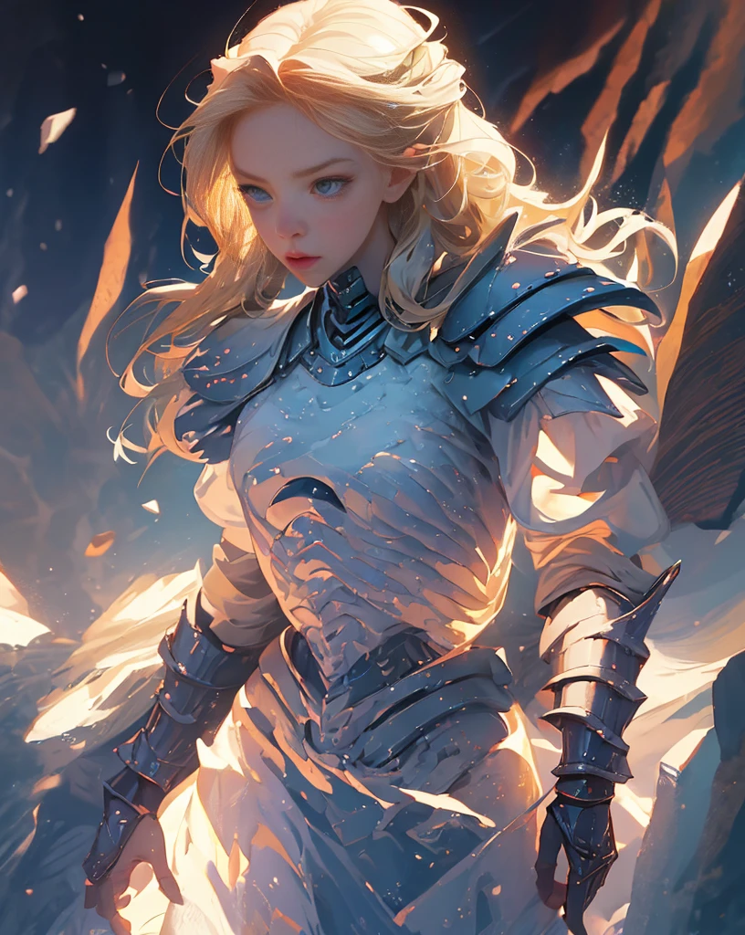 artwork of a pretty young woman, striking, artistic composition, emotional, active, motion, particles, backlit blonde hair,masterpiece,highest quality,1girl,armor,rocks,snow