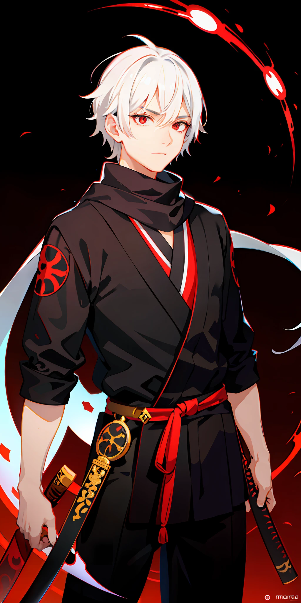 upper body, 1boy, white hair, red eyes, (ninja), katana, scarf, wallpaper, magic circle background, light particles, red fire,