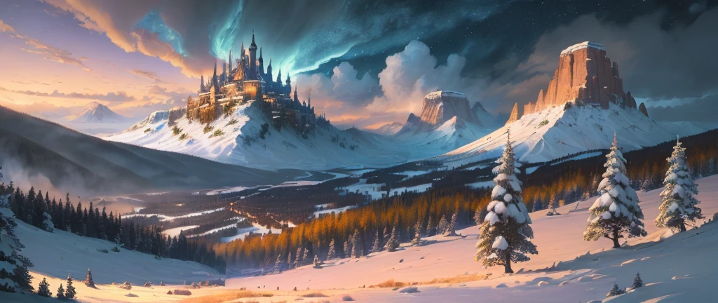 (masterpiece, illustration, best quality, detailed,highres:1.4), in the distance
colorful, vibrant, lush, volumetric lighting, contrast, 
From a distance, depth of field 
scenery, landscape painting, concept art, intricate tiny details, stylized, 
cloudy skies, moonlit night starry skies
Fantasy, ancient kingdom city [colosseum|sagrada|basilica] scenery
snow, waterfall, 
blooming trees grass flowers 
 Rocky Mountains and forest snow in the background 
   , (fantasy magic:1.4)