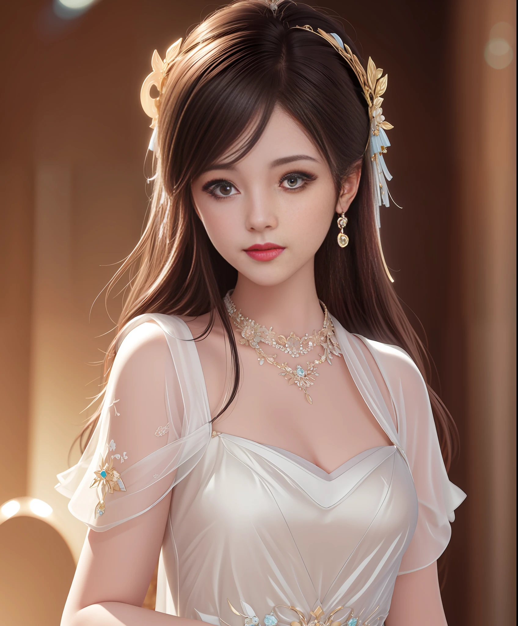 Best Quality, Masterpiece, High Resolution, 1Girl, Porcelain Dress, Hair Accessories, Necklace, Jewelry, Beautiful Face, Body, Tyndall Effect, Realism, Dark Studio, Edge Lighting, Two-tone Lighting, (High Detail Skin: 1.2), 16K UHD, DSLR, Soft Light, High Quality, Volumetric Light, Voyeur, Photos, High Resolution, Background Bokeh,